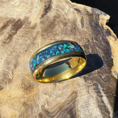 Gold handcrafted Australian opal ring with blue and green inlay in surgical steel size V