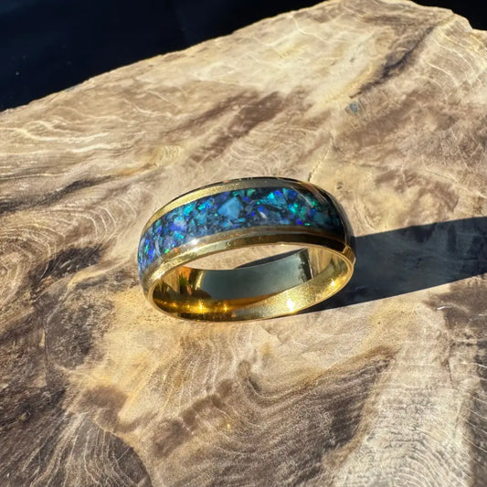 Gold ring with blue opal inlay from Handcrafted Australian Opal Ring collection in size X 1/2