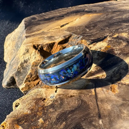 Handcrafted Australian Opal Ring Silver Surgical Steel Size P (7 3/4)