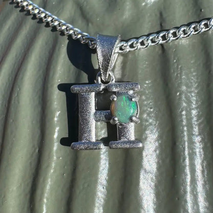 'Harmony's Glow' ~ Handcrafted 0.2ct Solid Lightning Ridge Opal 925 Sterling Silver 'H' Pendant Necklace