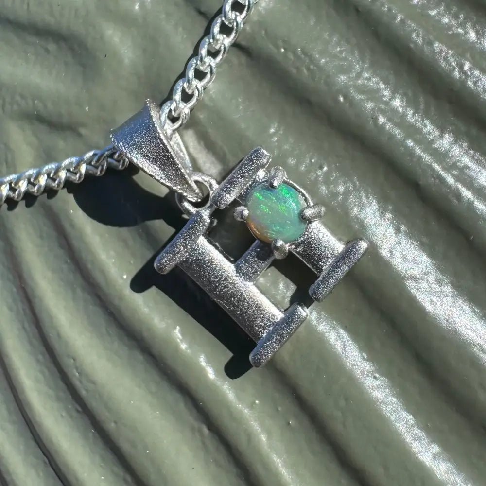 'Harmony's Glow' ~ Handcrafted 0.2ct Solid Lightning Ridge Opal 925 Sterling Silver 'H' Pendant Necklace