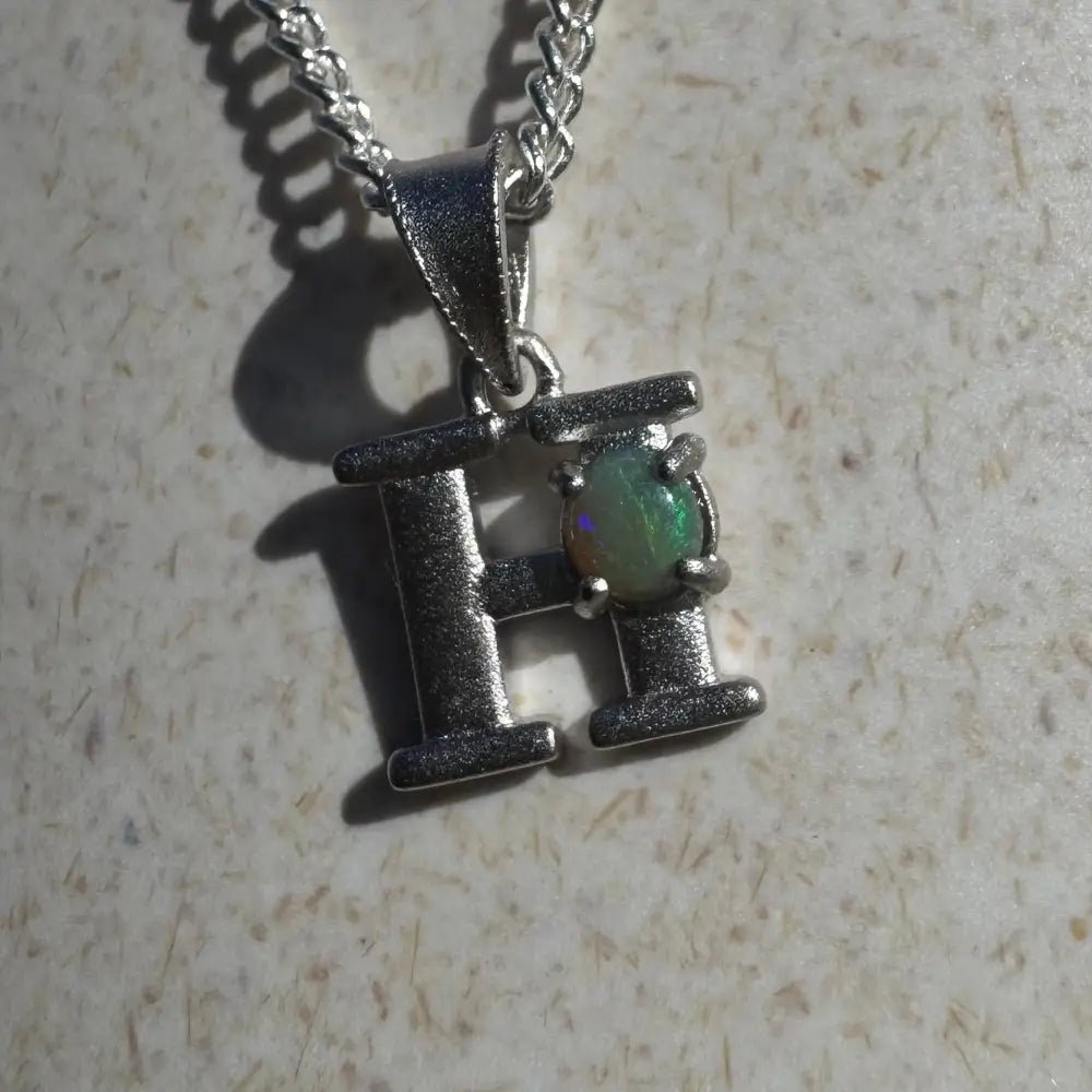 'Harmony's Glow' ~ Handcrafted 0.2ct Solid Lightning Ridge Opal 925 Sterling Silver 'H' Pendant Necklace