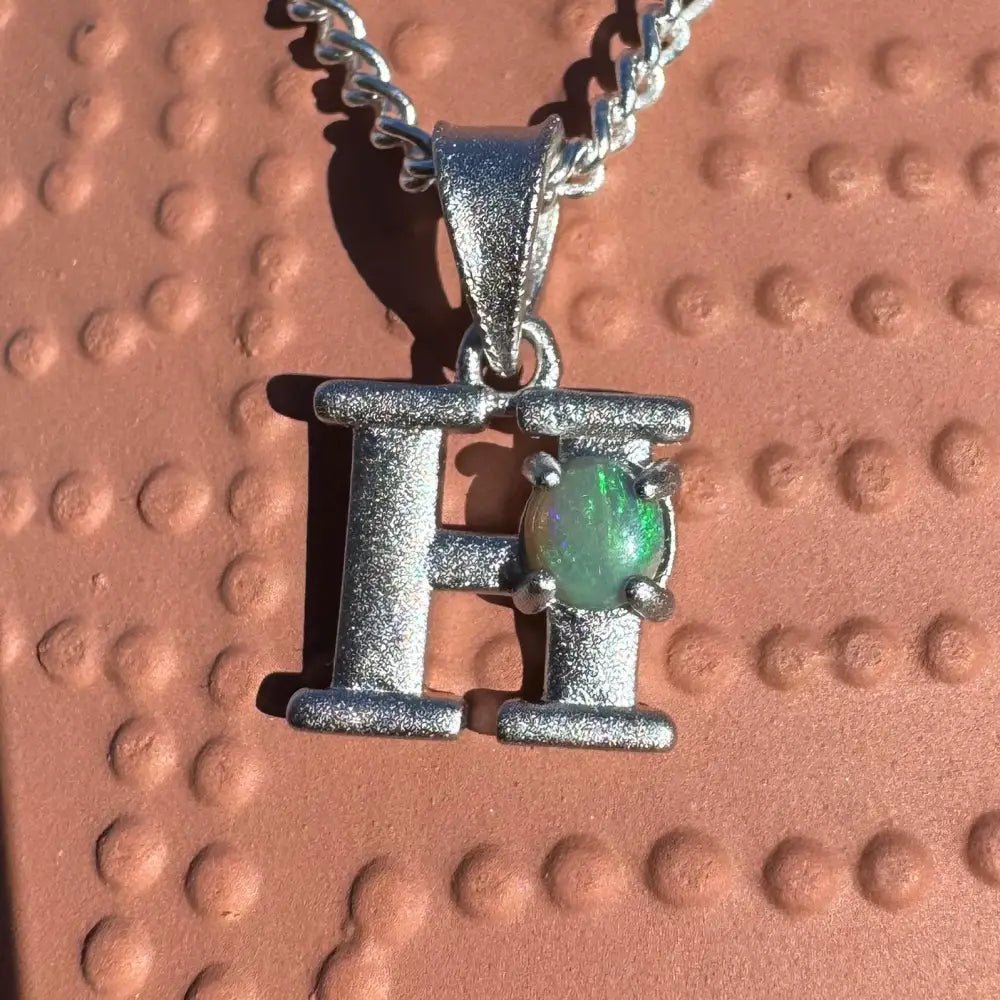 'Harmony's Glow' ~ Handcrafted 0.2ct Solid Lightning Ridge Opal 925 Sterling Silver 'H' Pendant Necklace