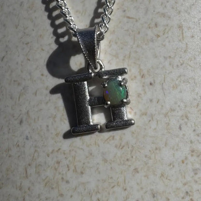 'Harmony's Glow' ~ Handcrafted 0.2ct Solid Lightning Ridge Opal 925 Sterling Silver 'H' Pendant Necklace