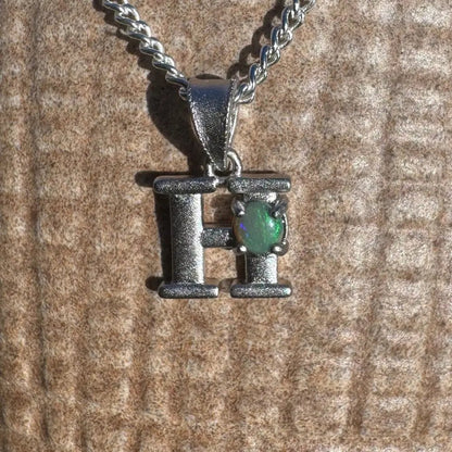 'Harmony's Glow' ~ Handcrafted 0.2ct Solid Lightning Ridge Opal 925 Sterling Silver 'H' Pendant Necklace
