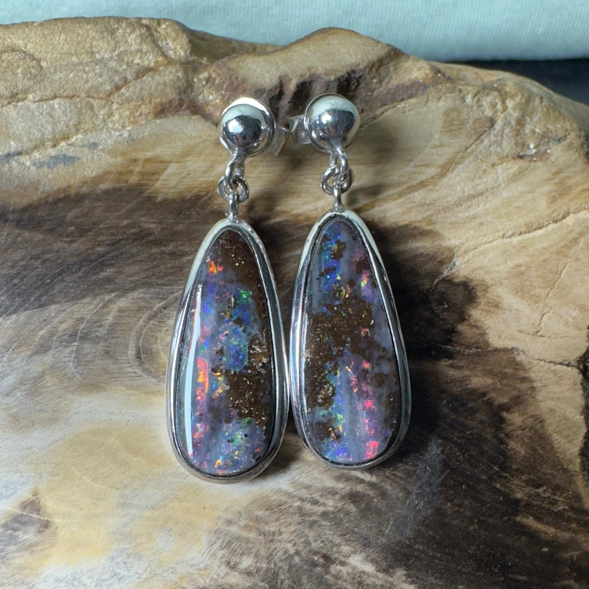Ironstone Tides ~ Handcrafted 9.8ct Solid Queensland Boulder Opal 925 Silver Earrings