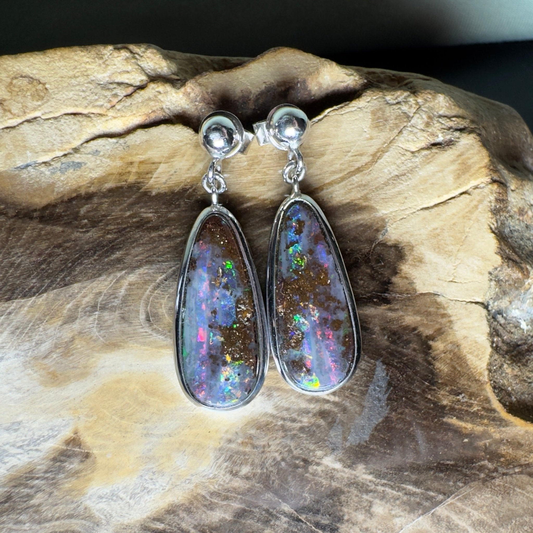 Ironstone Tides ~ Handcrafted 9.8ct Solid Queensland Boulder Opal 925 Silver Earrings