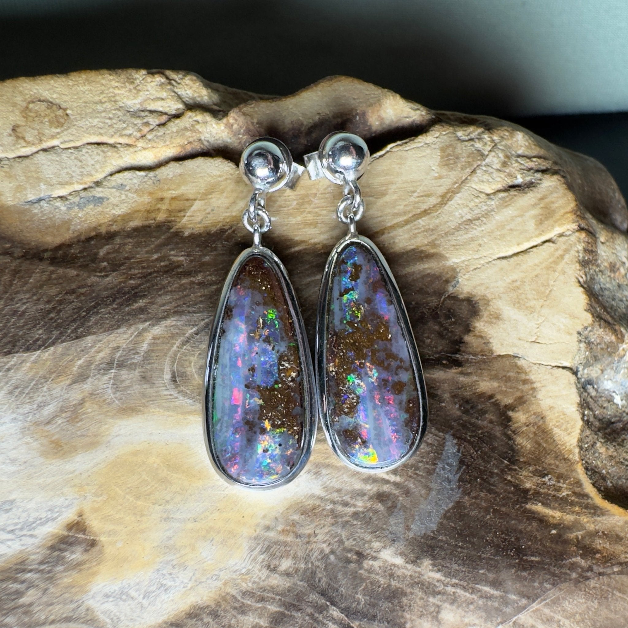 Ironstone Tides ~ Handcrafted 9.8ct Solid Queensland Boulder Opal 925 Silver Earrings