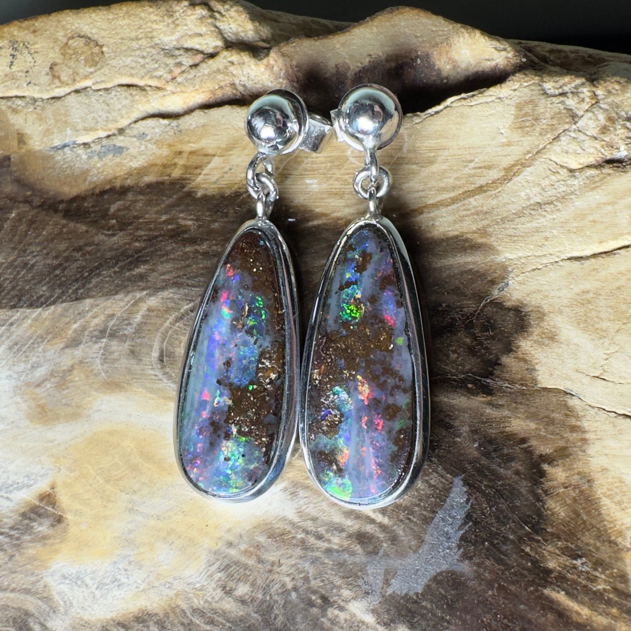 Ironstone Tides ~ Handcrafted 9.8ct Solid Queensland Boulder Opal 925 Silver Earrings
