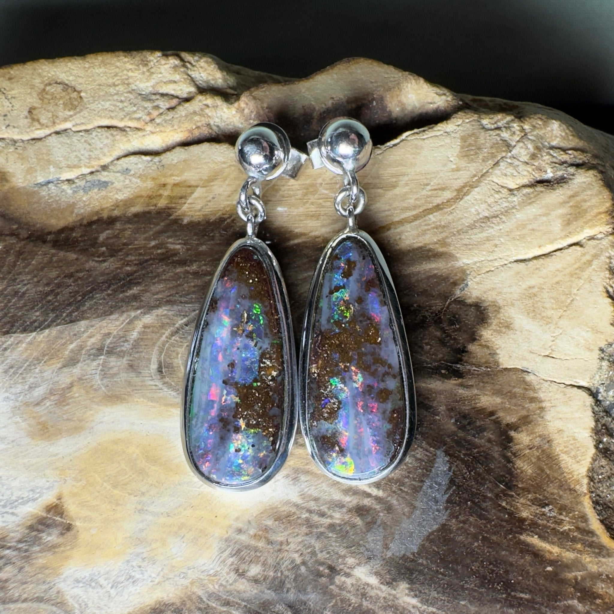 Ironstone Tides ~ Handcrafted 9.8ct Solid Queensland Boulder Opal 925 Silver Earrings