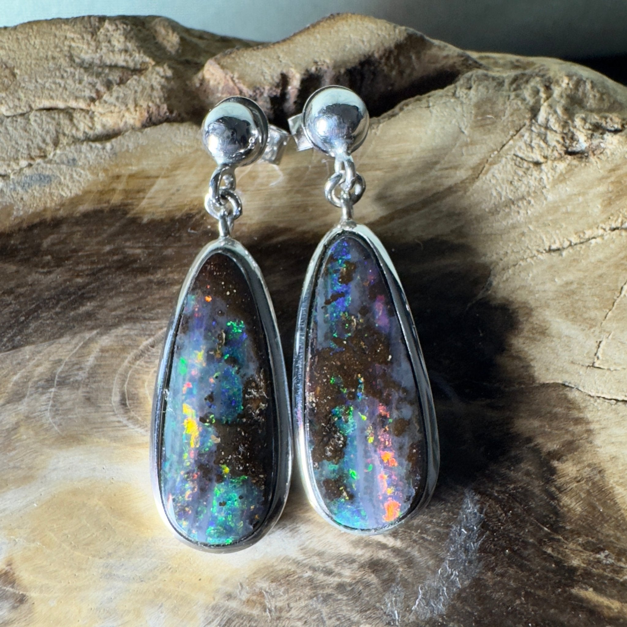 Ironstone Tides ~ Handcrafted 9.8ct Solid Queensland Boulder Opal 925 Silver Earrings