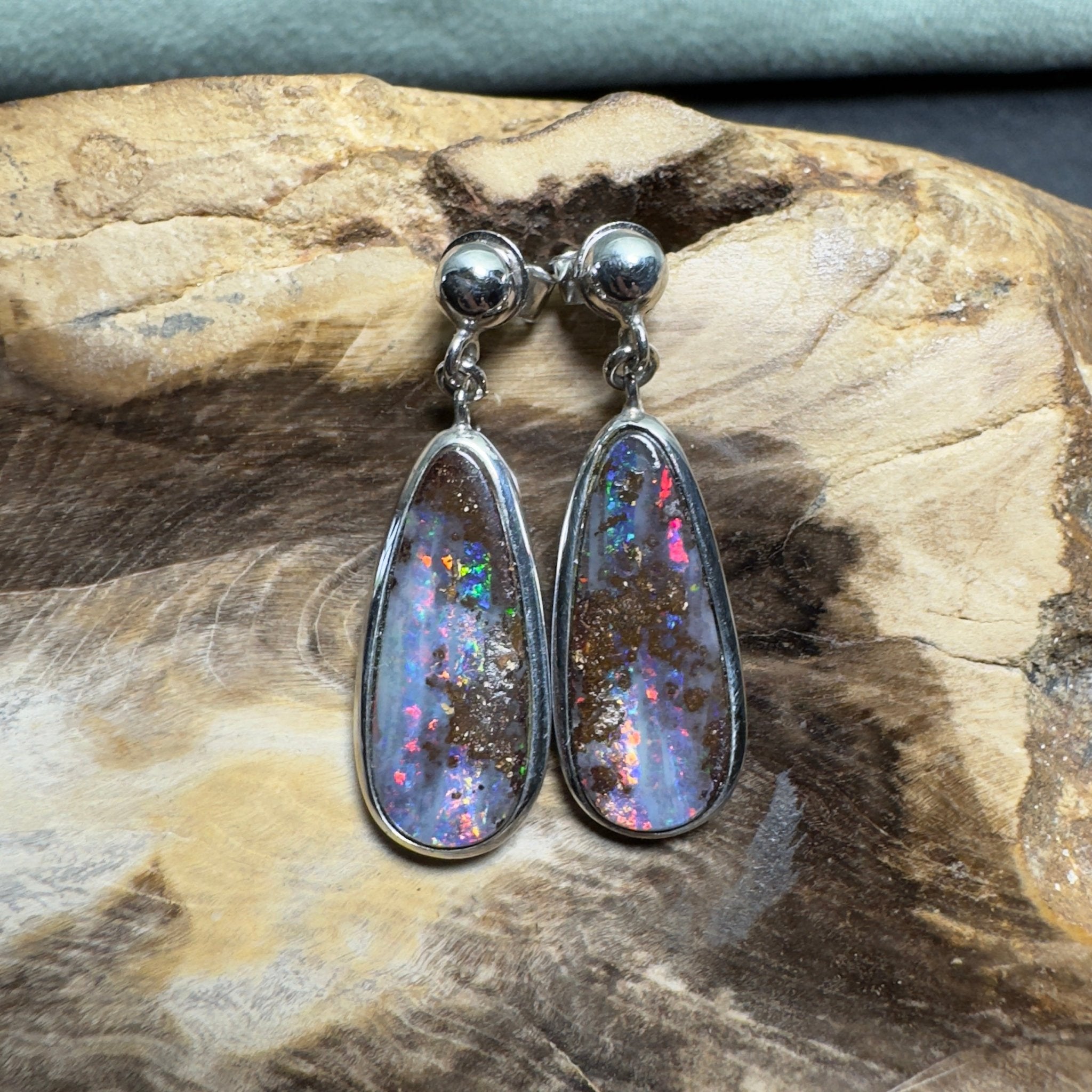 Ironstone Tides ~ Handcrafted 9.8ct Solid Queensland Boulder Opal 925 Silver Earrings