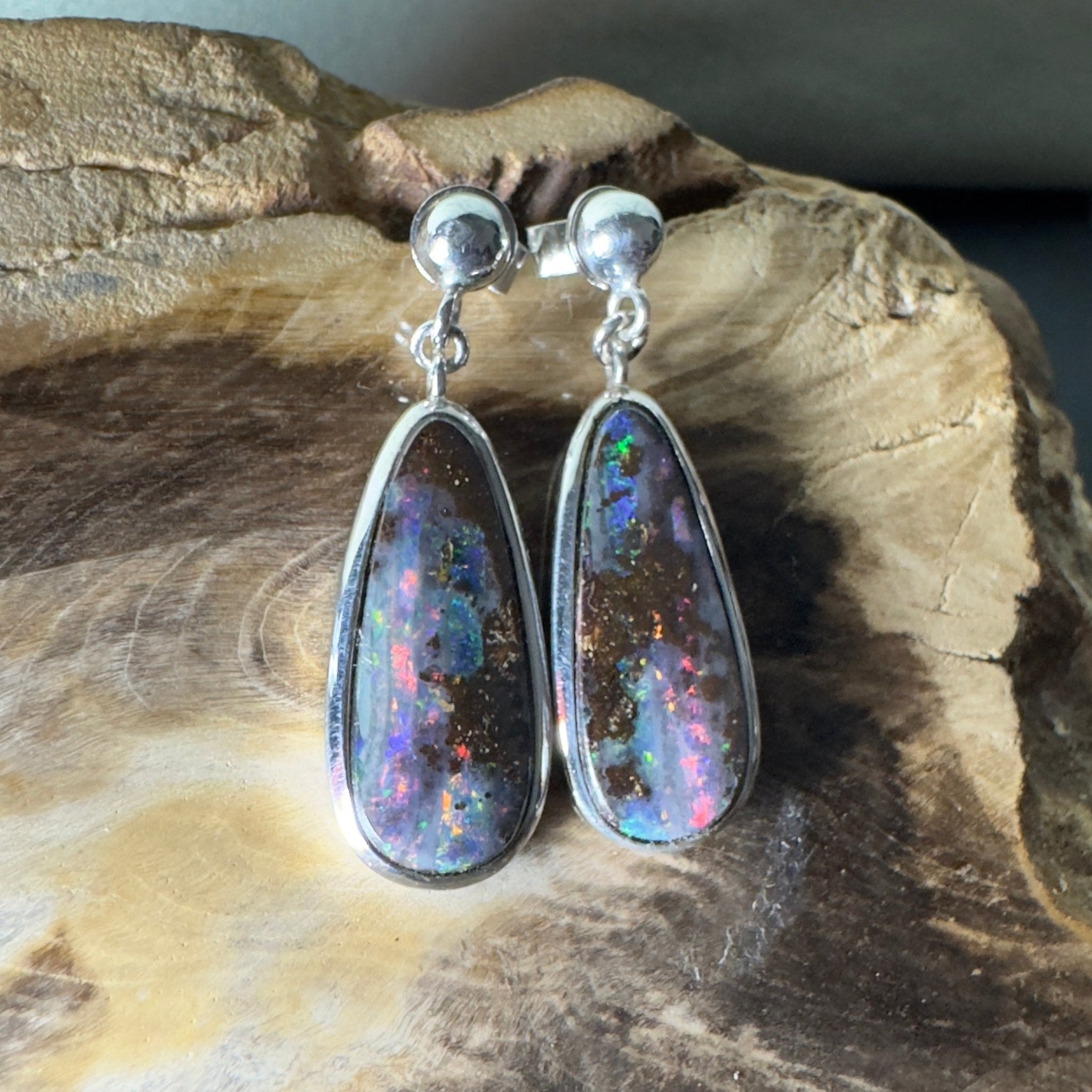 Ironstone Tides ~ Handcrafted 9.8ct Solid Queensland Boulder Opal 925 Silver Earrings