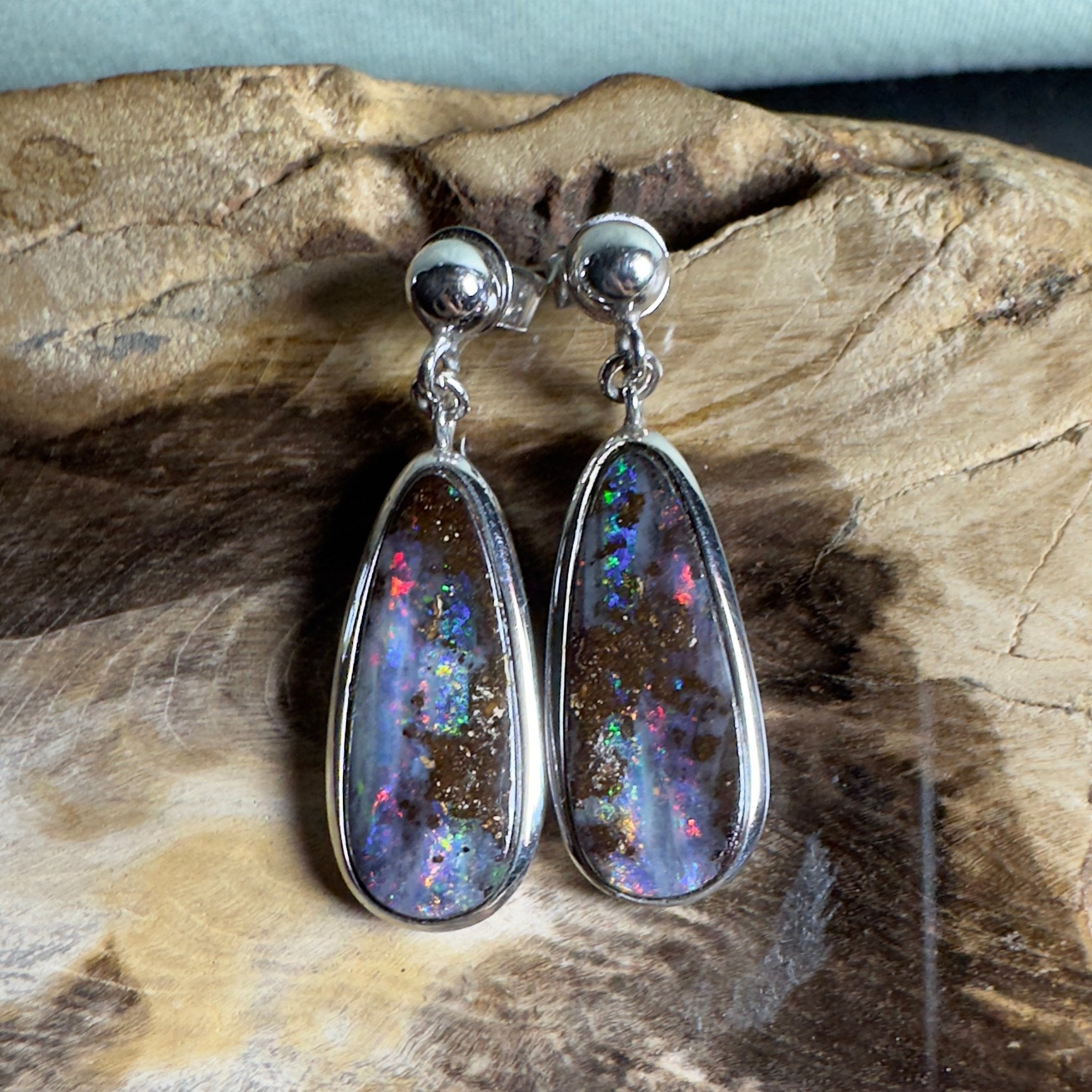 Ironstone Tides ~ Handcrafted 9.8ct Solid Queensland Boulder Opal 925 Silver Earrings