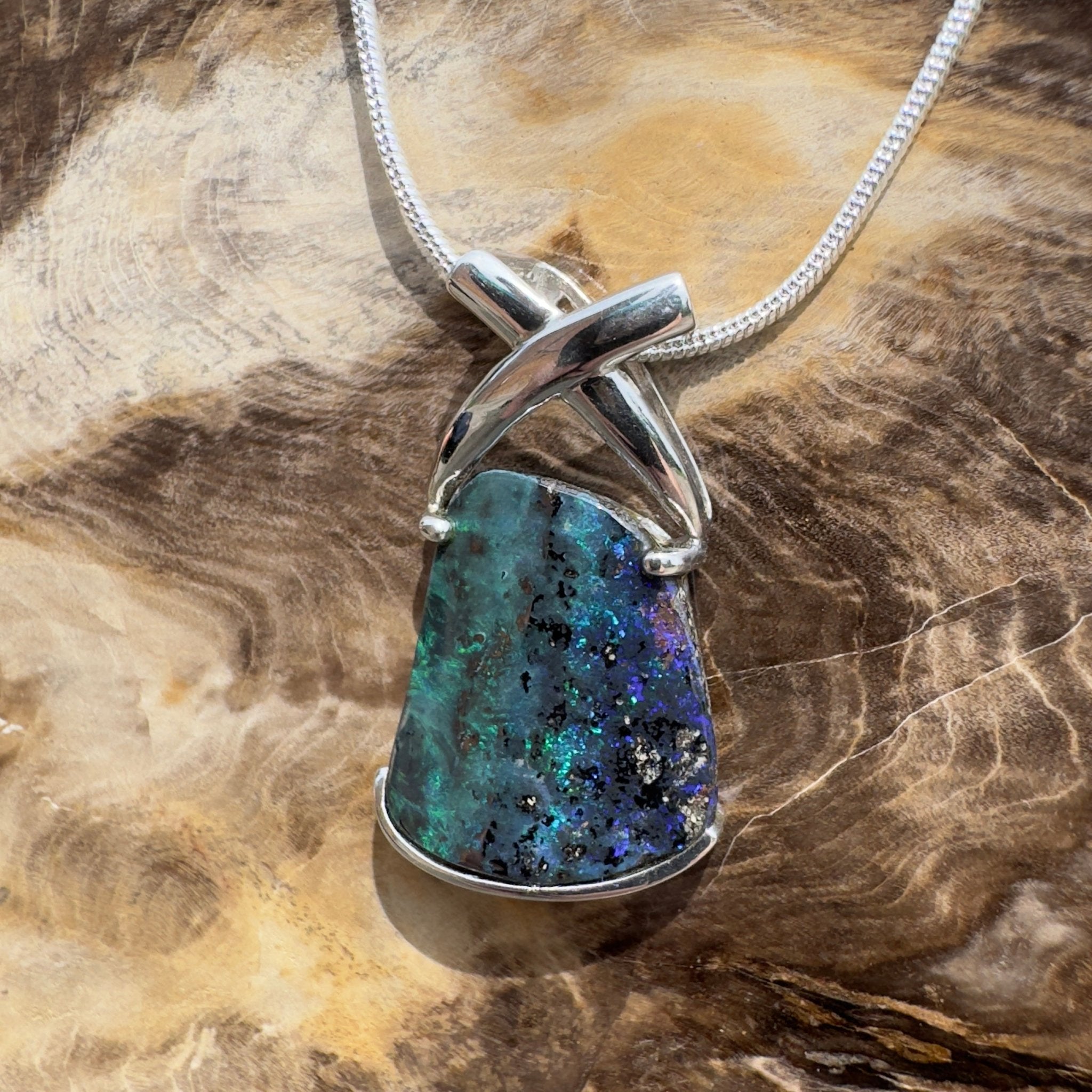 Isa Range Skyline ~ Queensland Boulder Opal 925 Sterling Silver Pendant Necklace