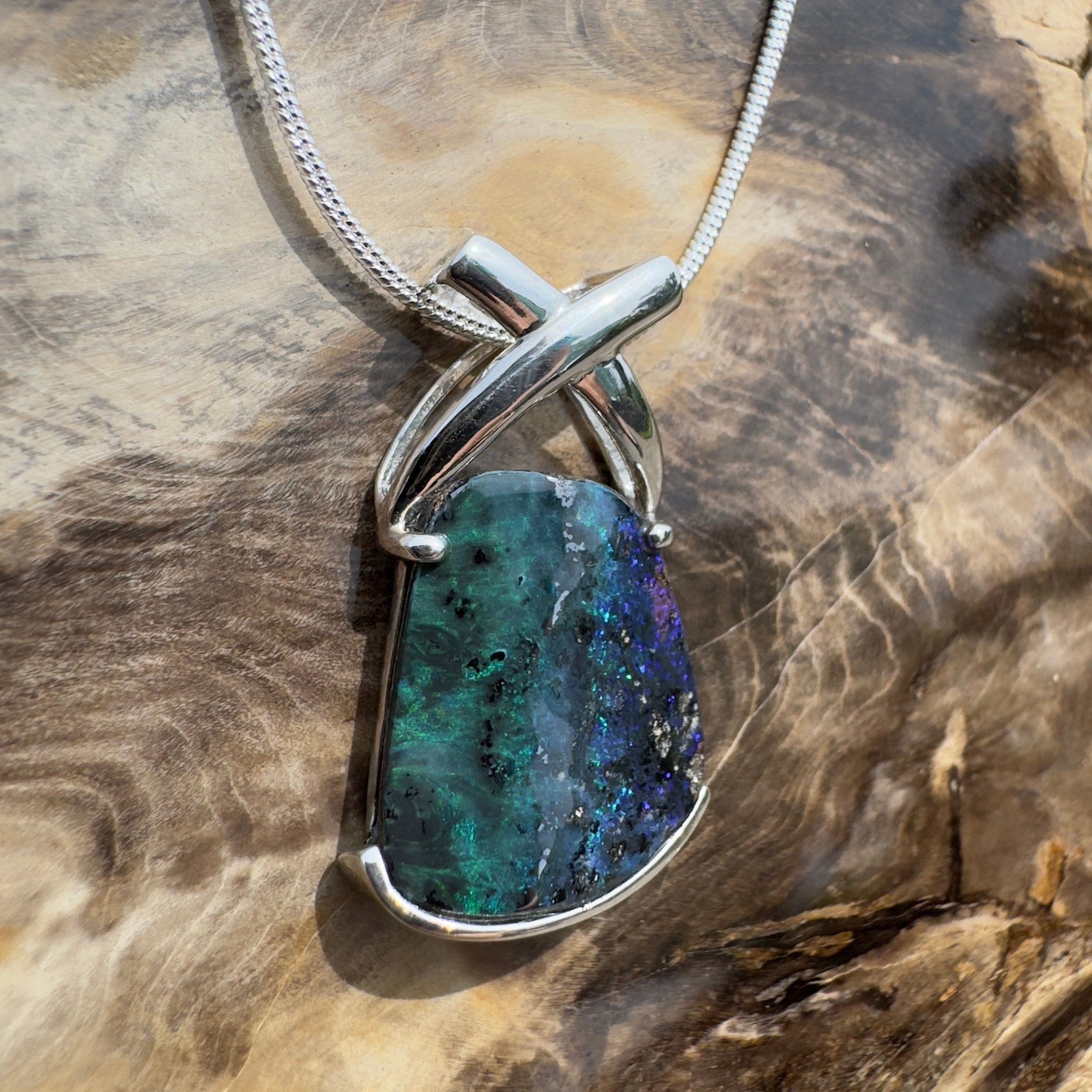 Isa Range Skyline ~ Queensland Boulder Opal 925 Sterling Silver Pendant Necklace