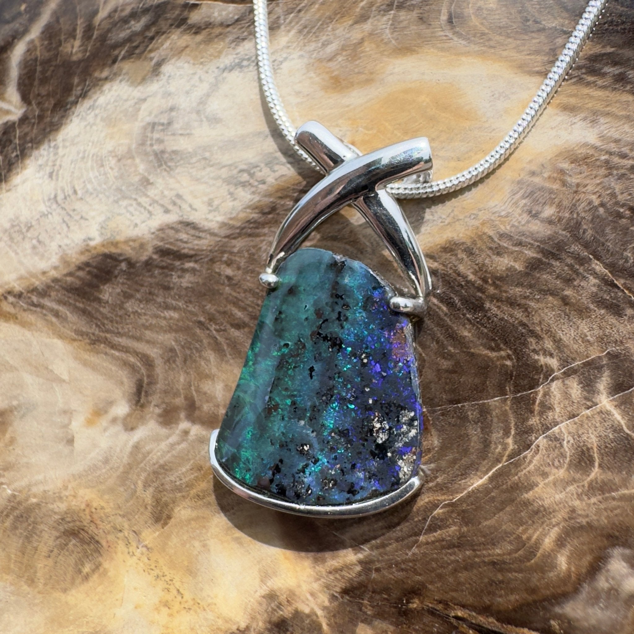 Isa Range Skyline ~ Queensland Boulder Opal 925 Sterling Silver Pendant Necklace