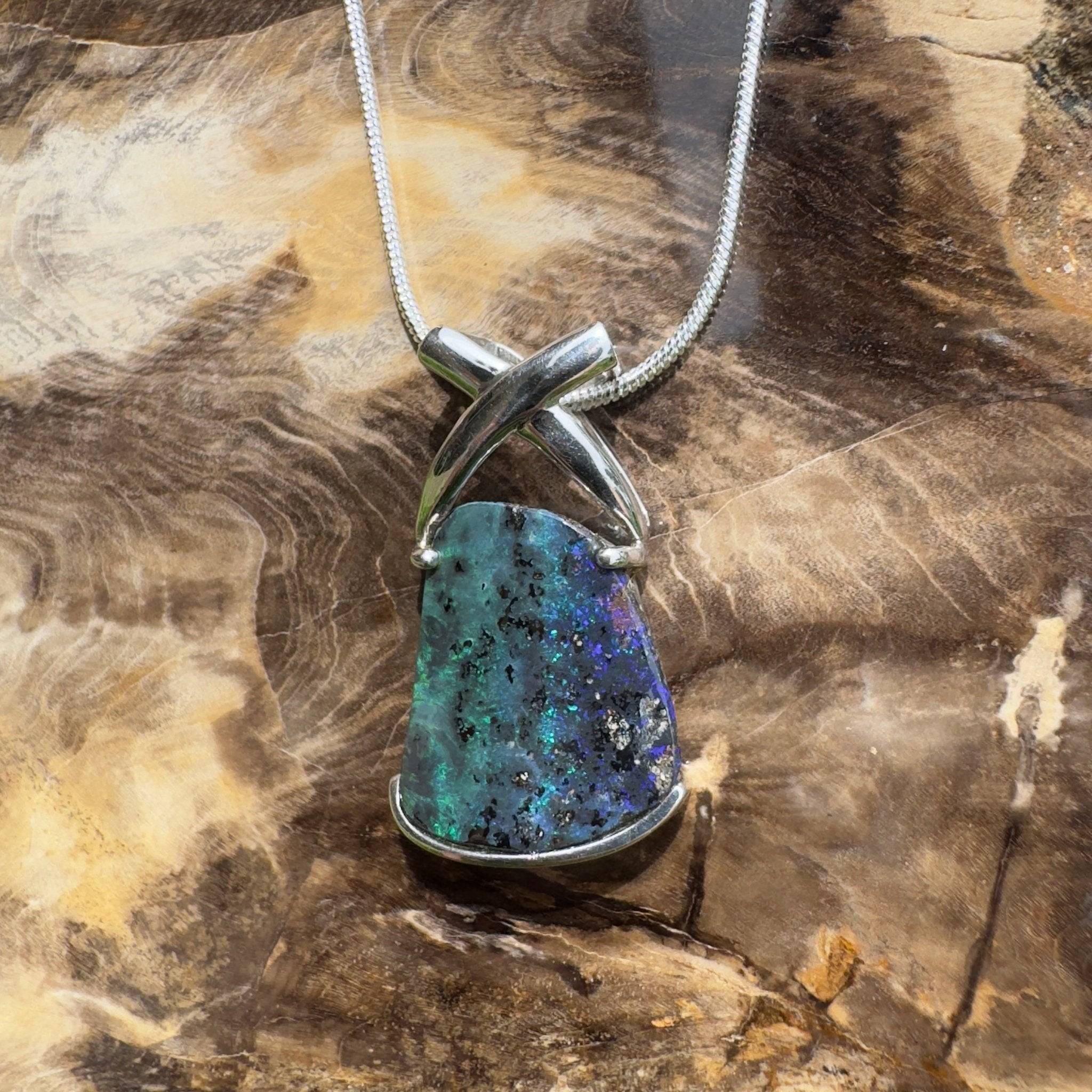 Isa Range Skyline ~ Queensland Boulder Opal 925 Sterling Silver Pendant Necklace