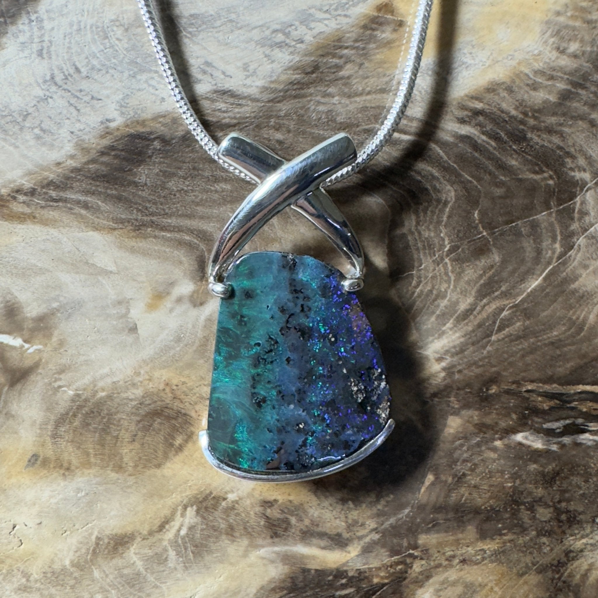 Isa Range Skyline ~ Queensland Boulder Opal 925 Sterling Silver Pendant Necklace