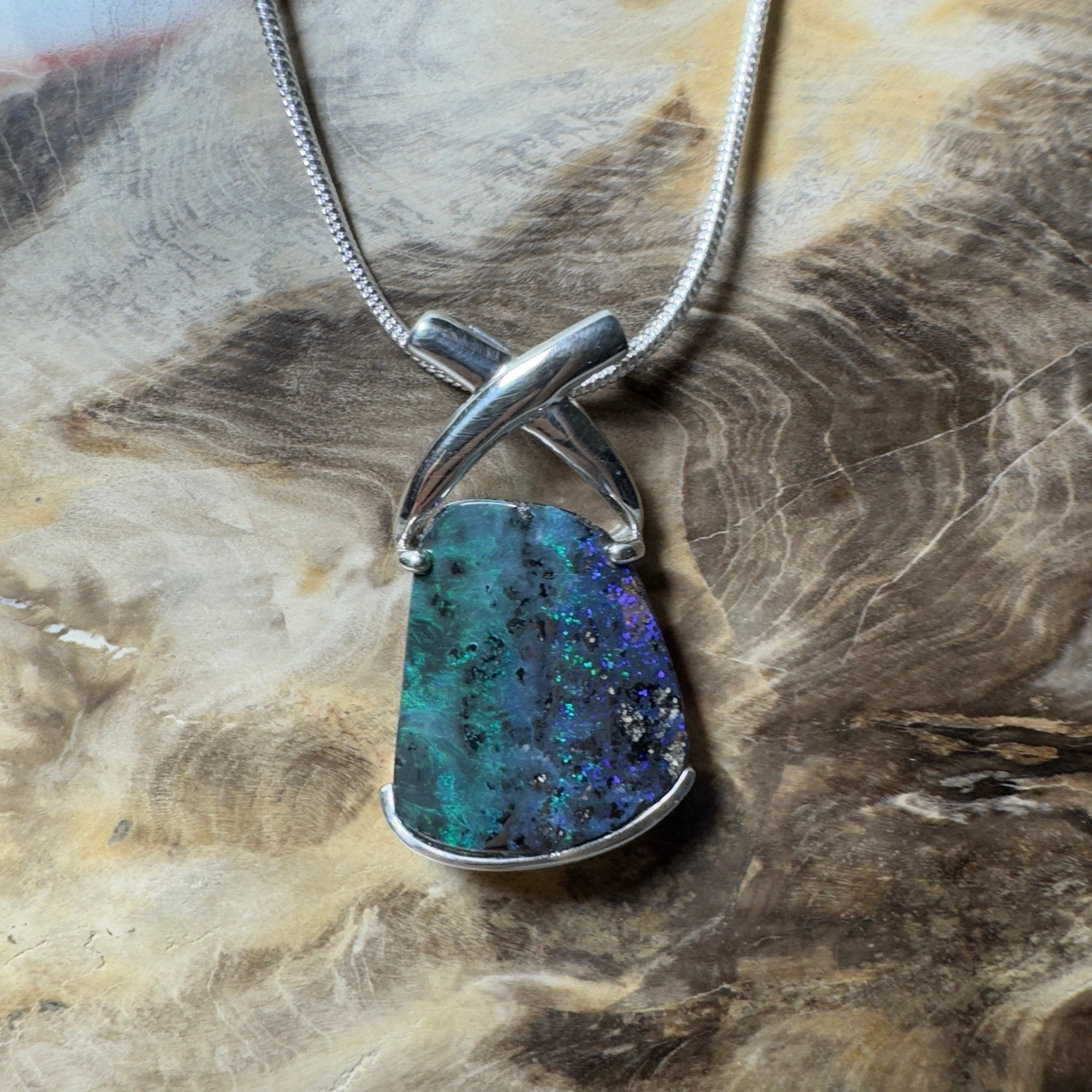 Isa Range Skyline ~ Queensland Boulder Opal 925 Sterling Silver Pendant Necklace