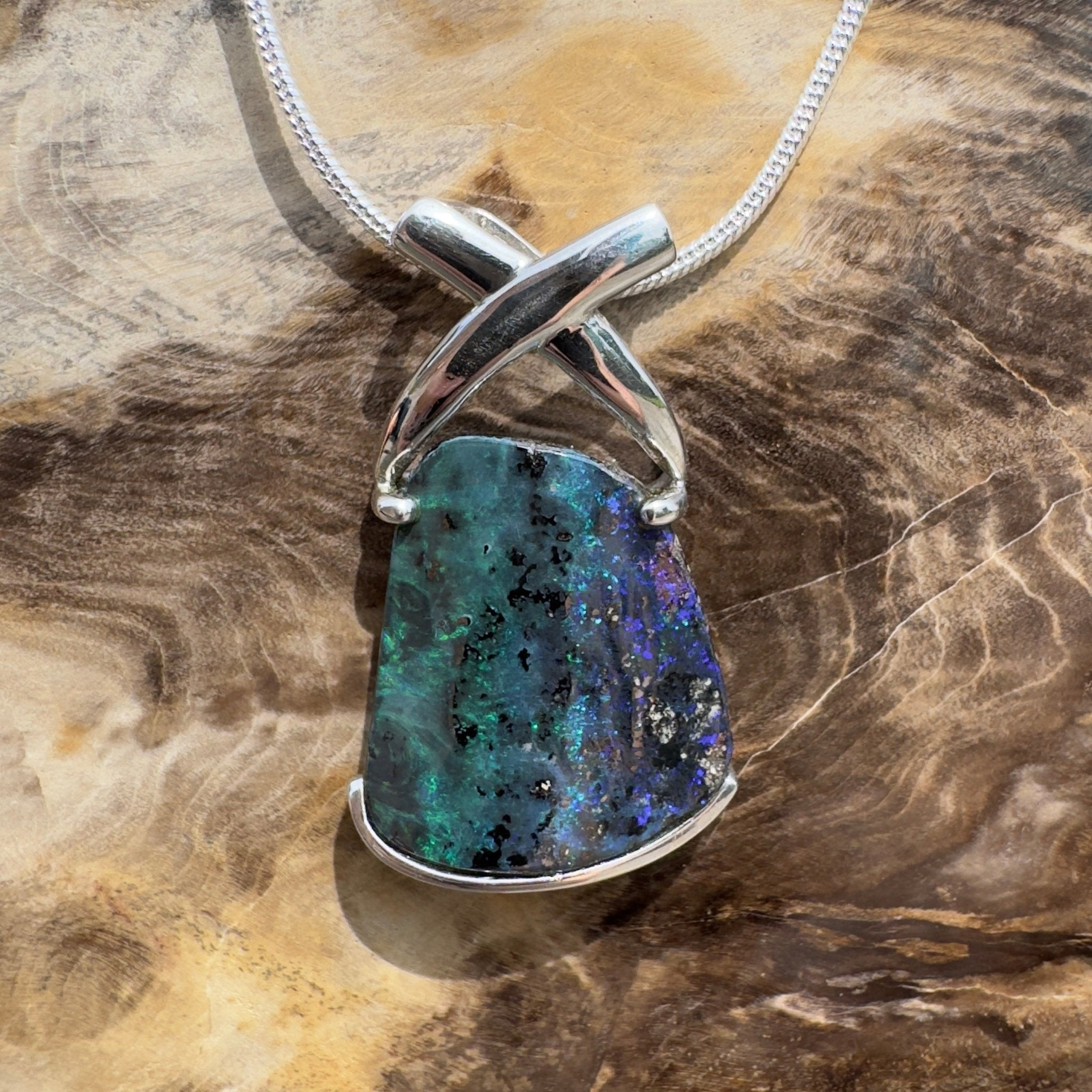 Isa Range Skyline ~ Queensland Boulder Opal 925 Sterling Silver Pendant Necklace