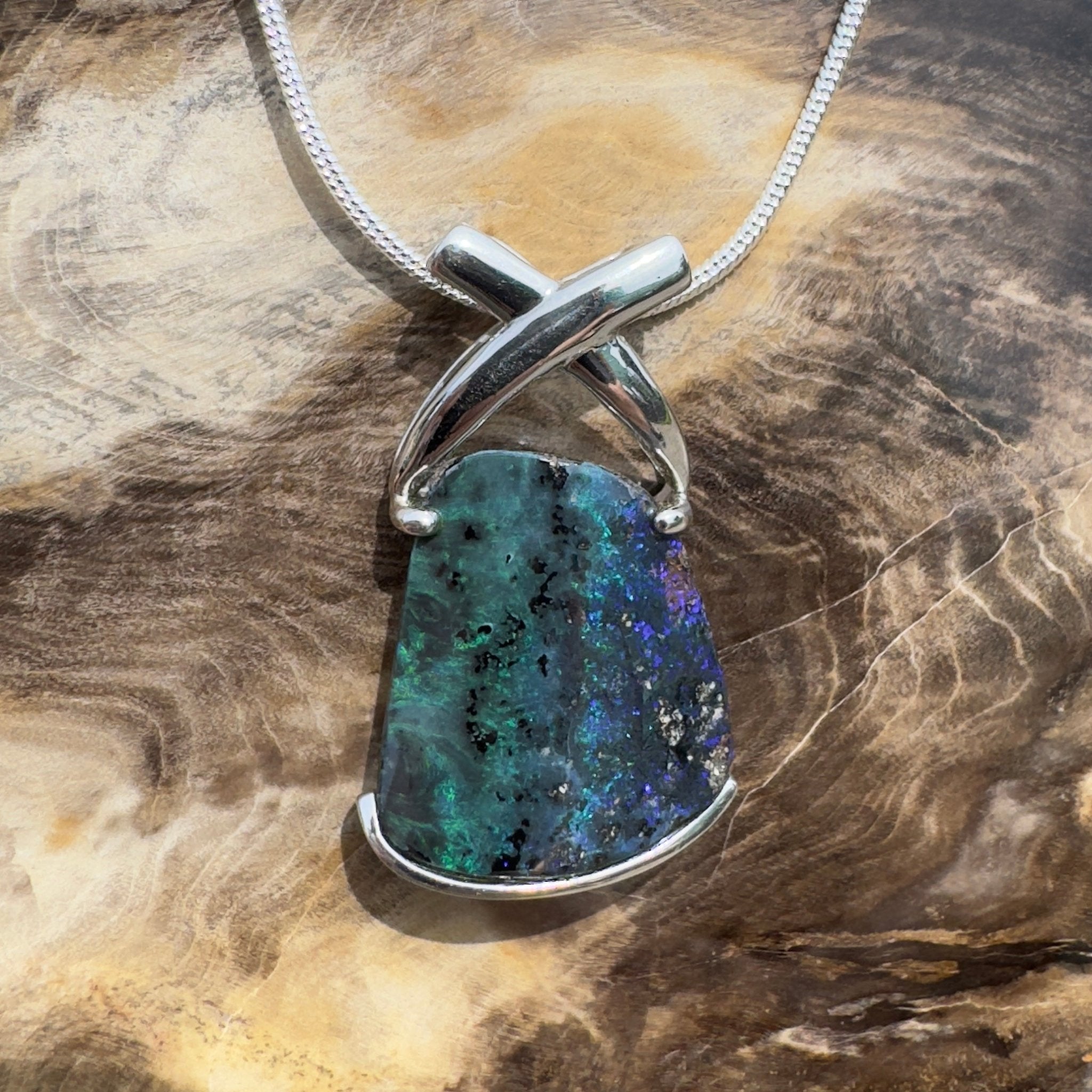 Isa Range Skyline ~ Queensland Boulder Opal 925 Sterling Silver Pendant Necklace