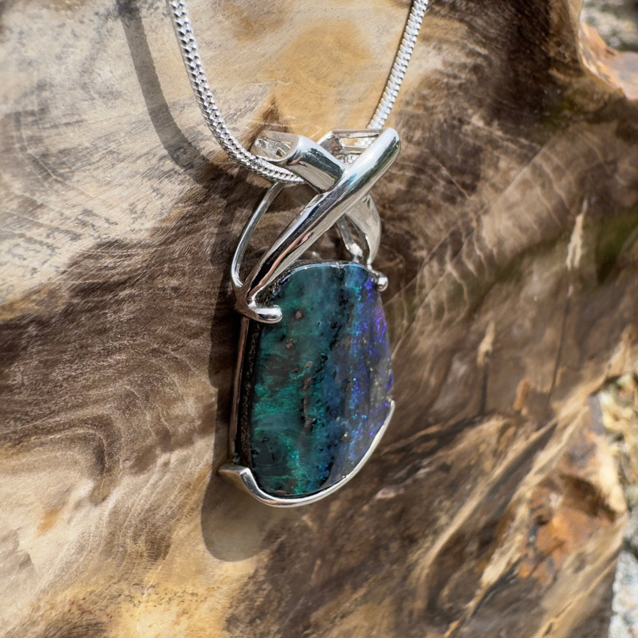 Isa Range Skyline ~ Queensland Boulder Opal 925 Sterling Silver Pendant Necklace
