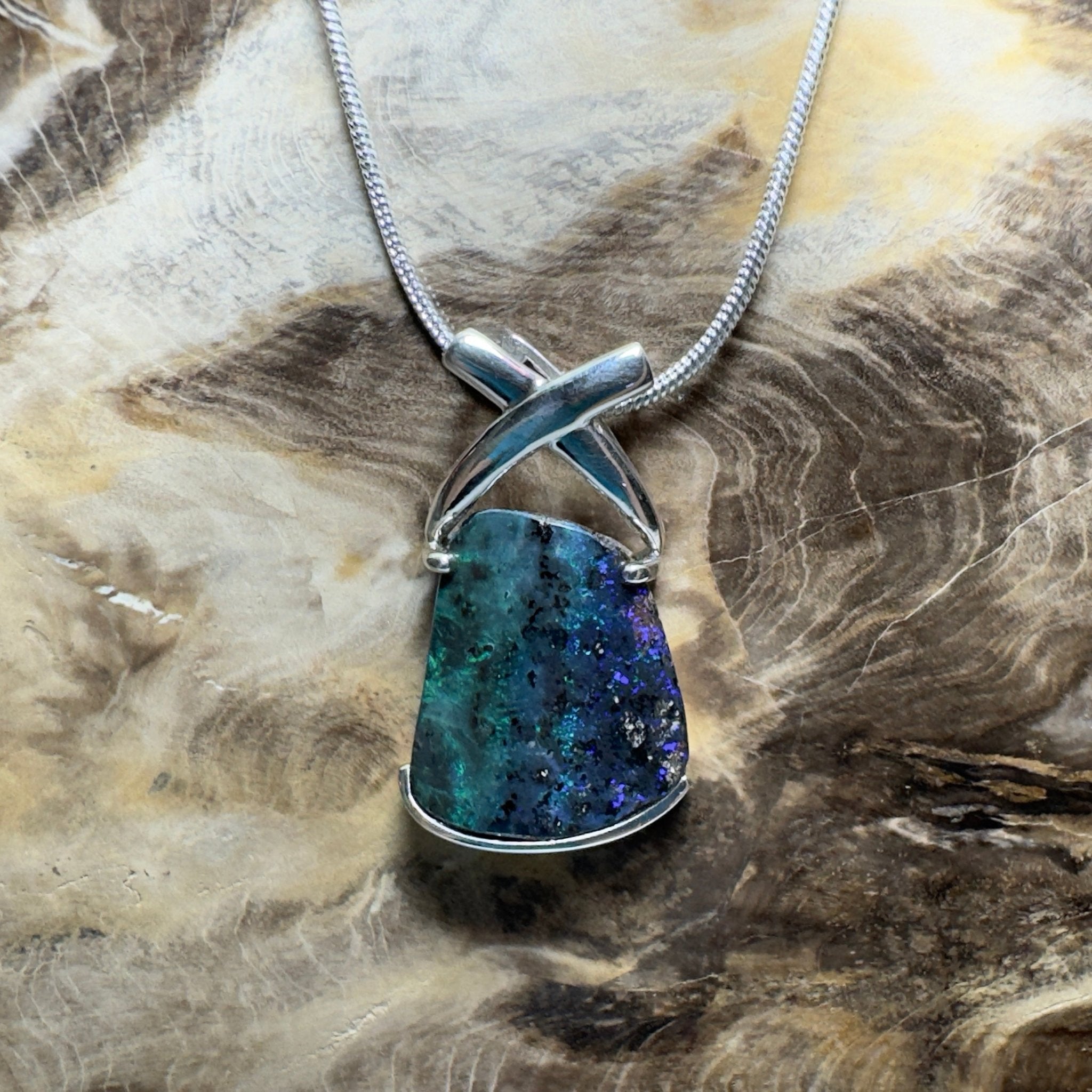 Isa Range Skyline ~ Queensland Boulder Opal 925 Sterling Silver Pendant Necklace