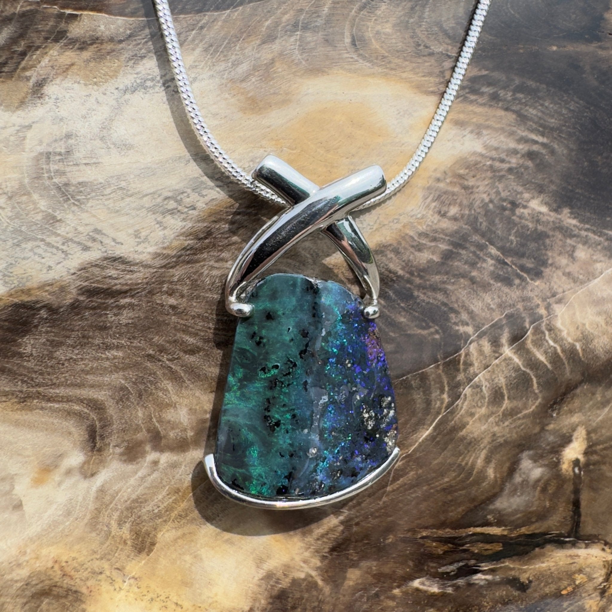 Isa Range Skyline ~ Queensland Boulder Opal 925 Sterling Silver Pendant Necklace