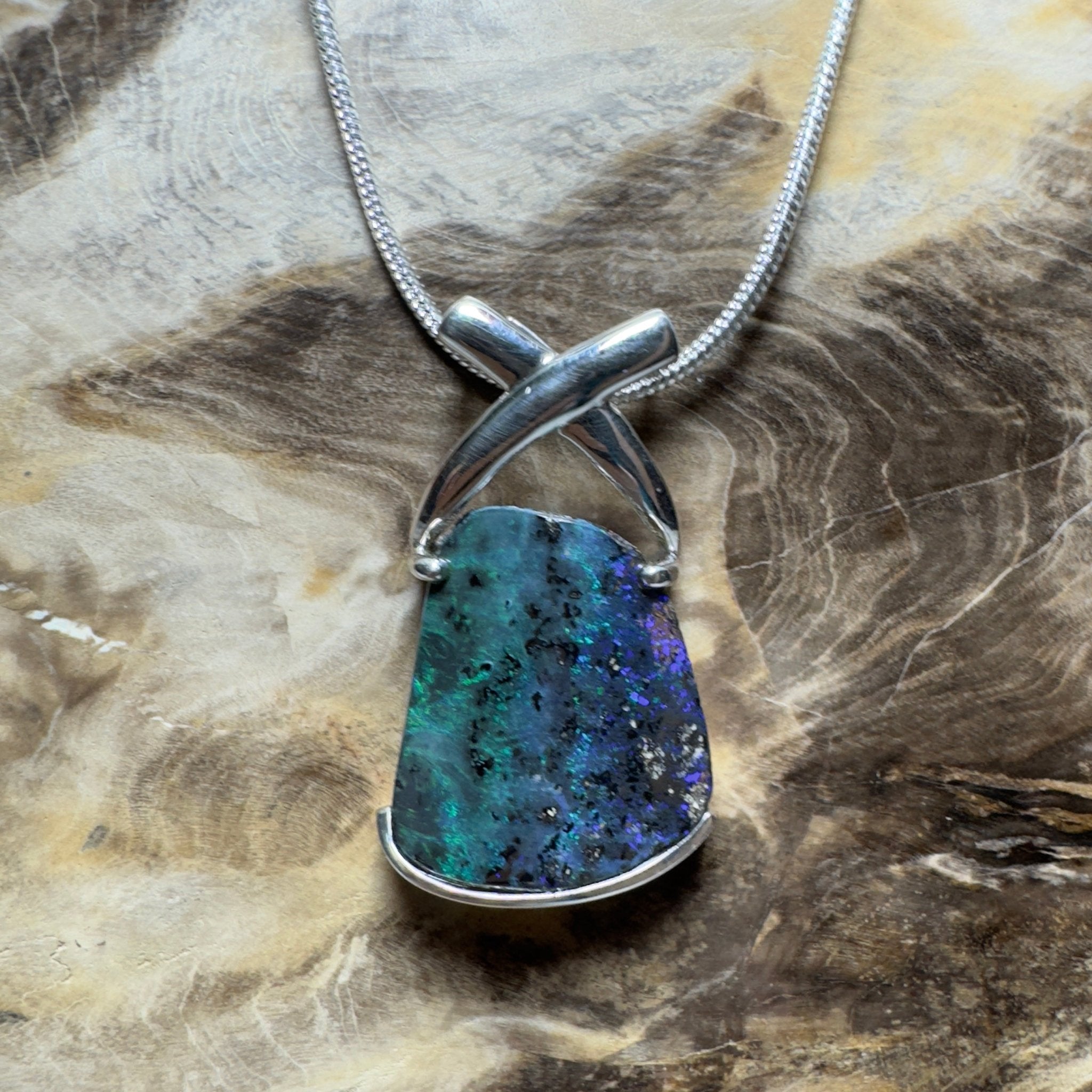 Isa Range Skyline ~ Queensland Boulder Opal 925 Sterling Silver Pendant Necklace