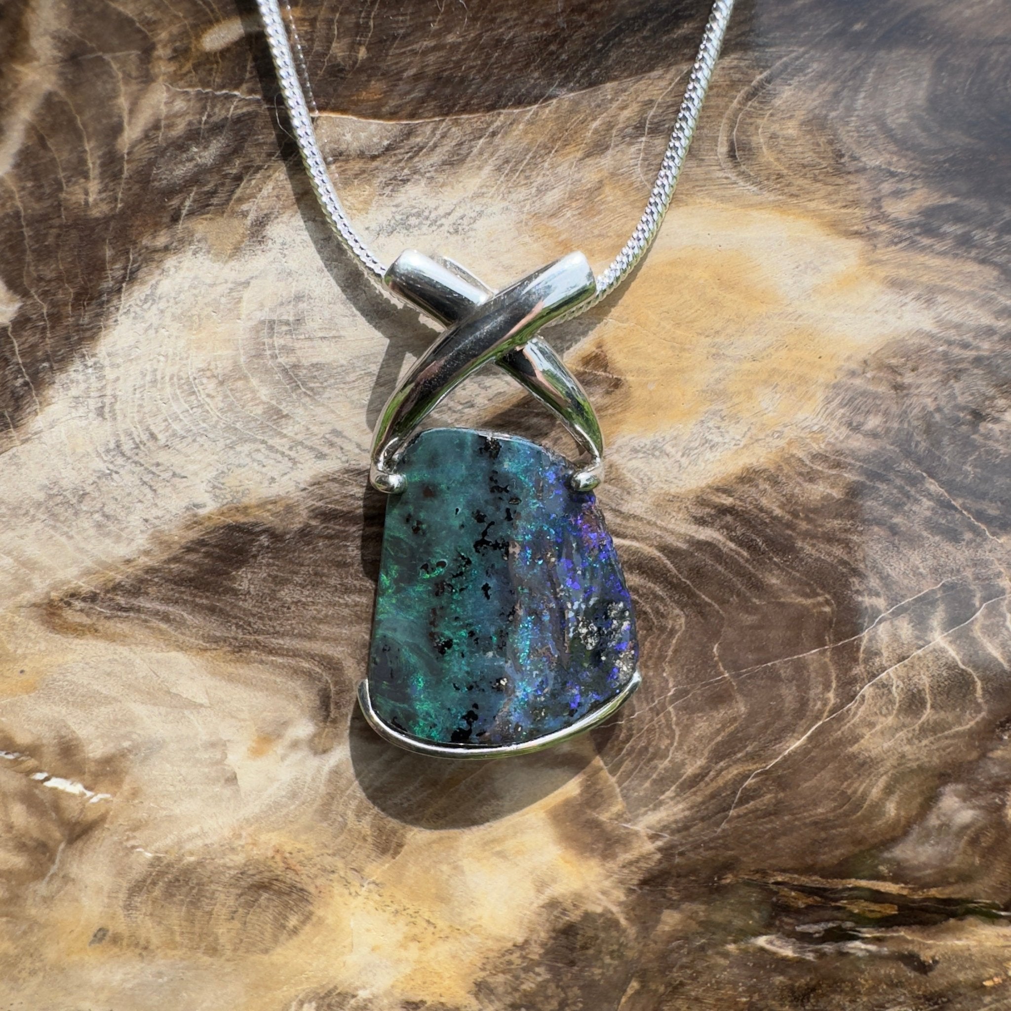 Isa Range Skyline ~ Queensland Boulder Opal 925 Sterling Silver Pendant Necklace