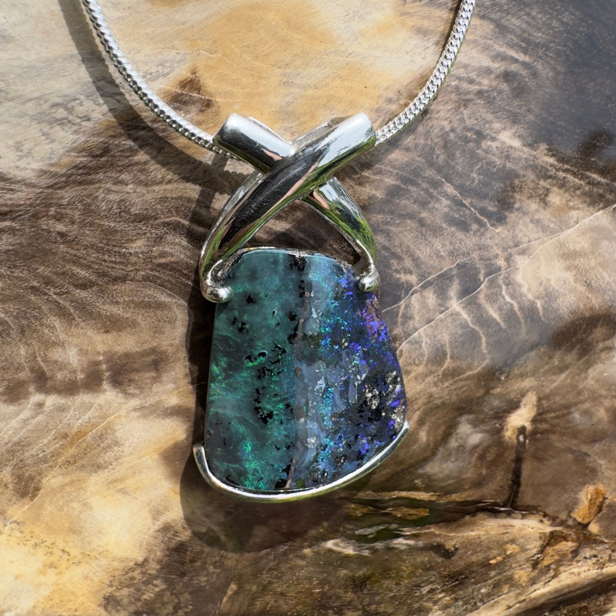 Isa Range Skyline ~ Queensland Boulder Opal 925 Sterling Silver Pendant Necklace