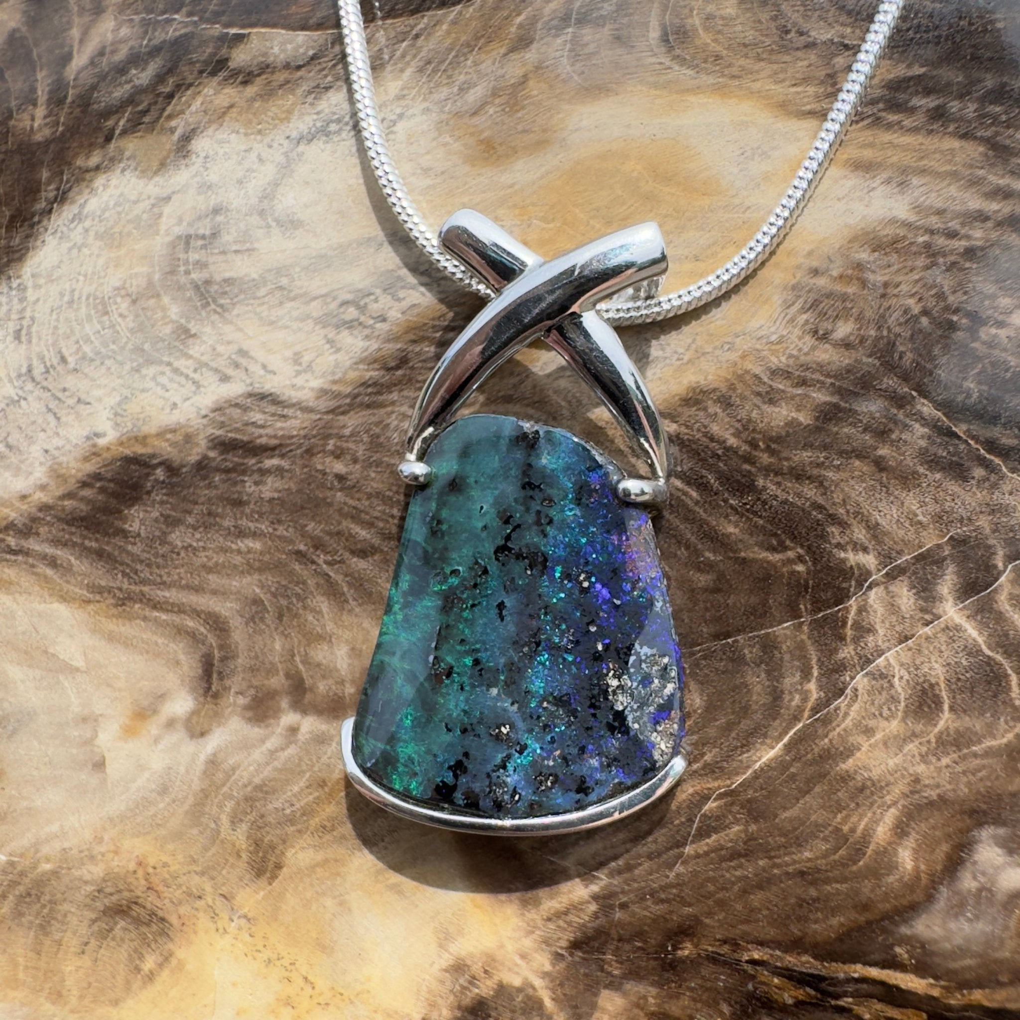 Isa Range Skyline ~ Queensland Boulder Opal 925 Sterling Silver Pendant Necklace