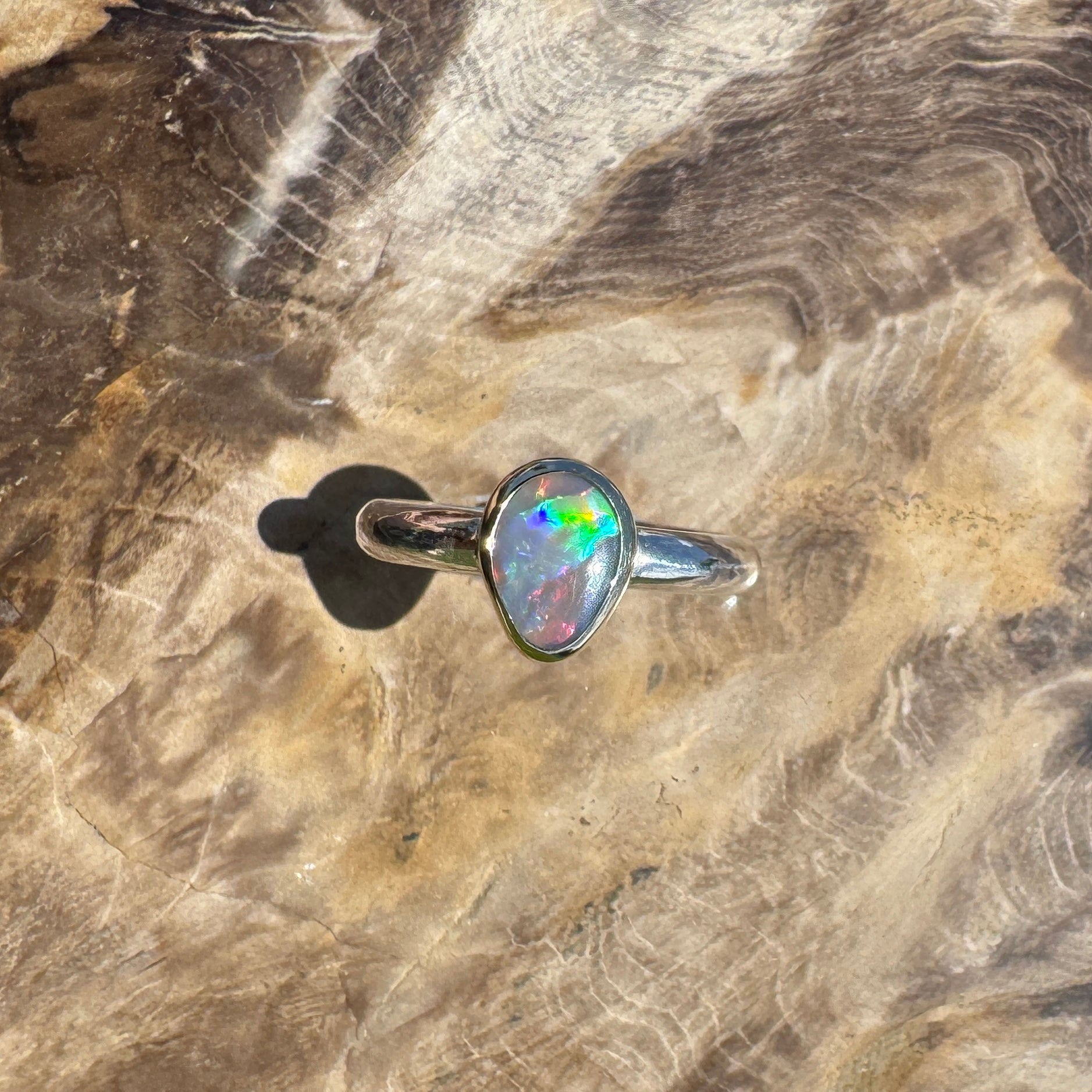 Jervis Bay Sunset - 0.6ct Solid Lightning Ridge Semi Black Opal Two - Tone 9ct Gold & 925 Sterling Silver Ring