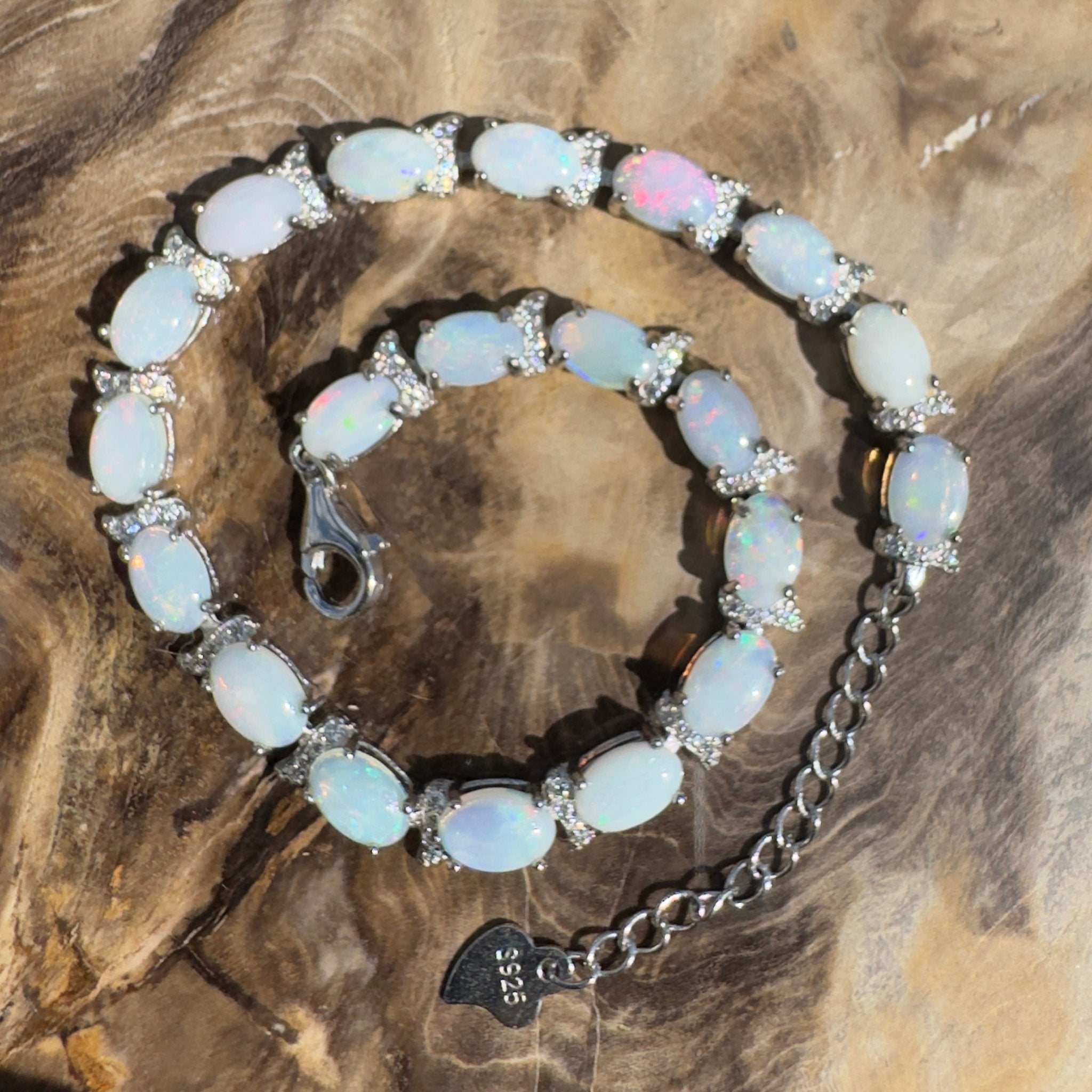 Karijini Azure ~ 6ct Coober Pedy Opal and Cubic Zirconia 925 Sterling Silver Bracelet