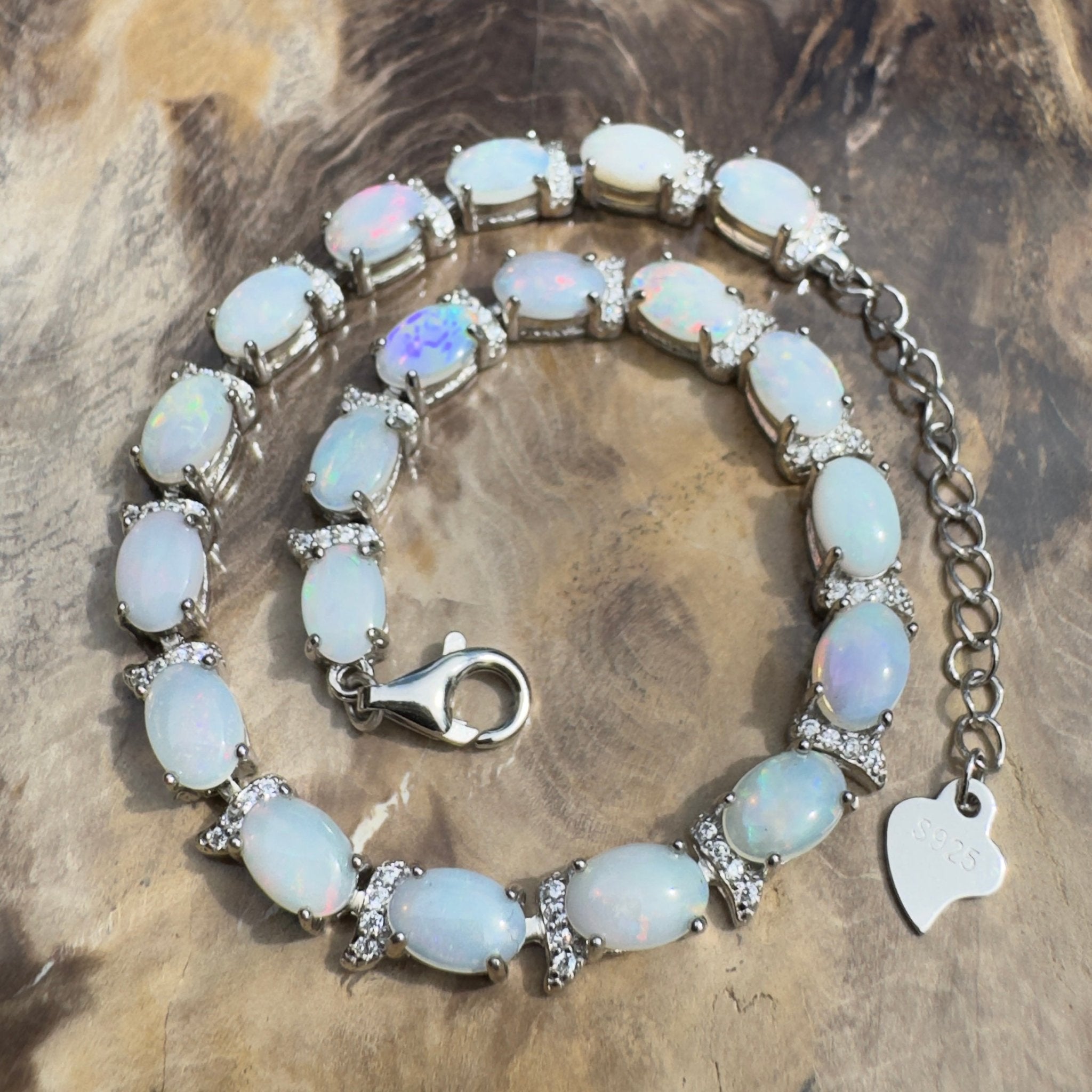 Karijini Azure ~ 6ct Coober Pedy Opal and Cubic Zirconia 925 Sterling Silver Bracelet