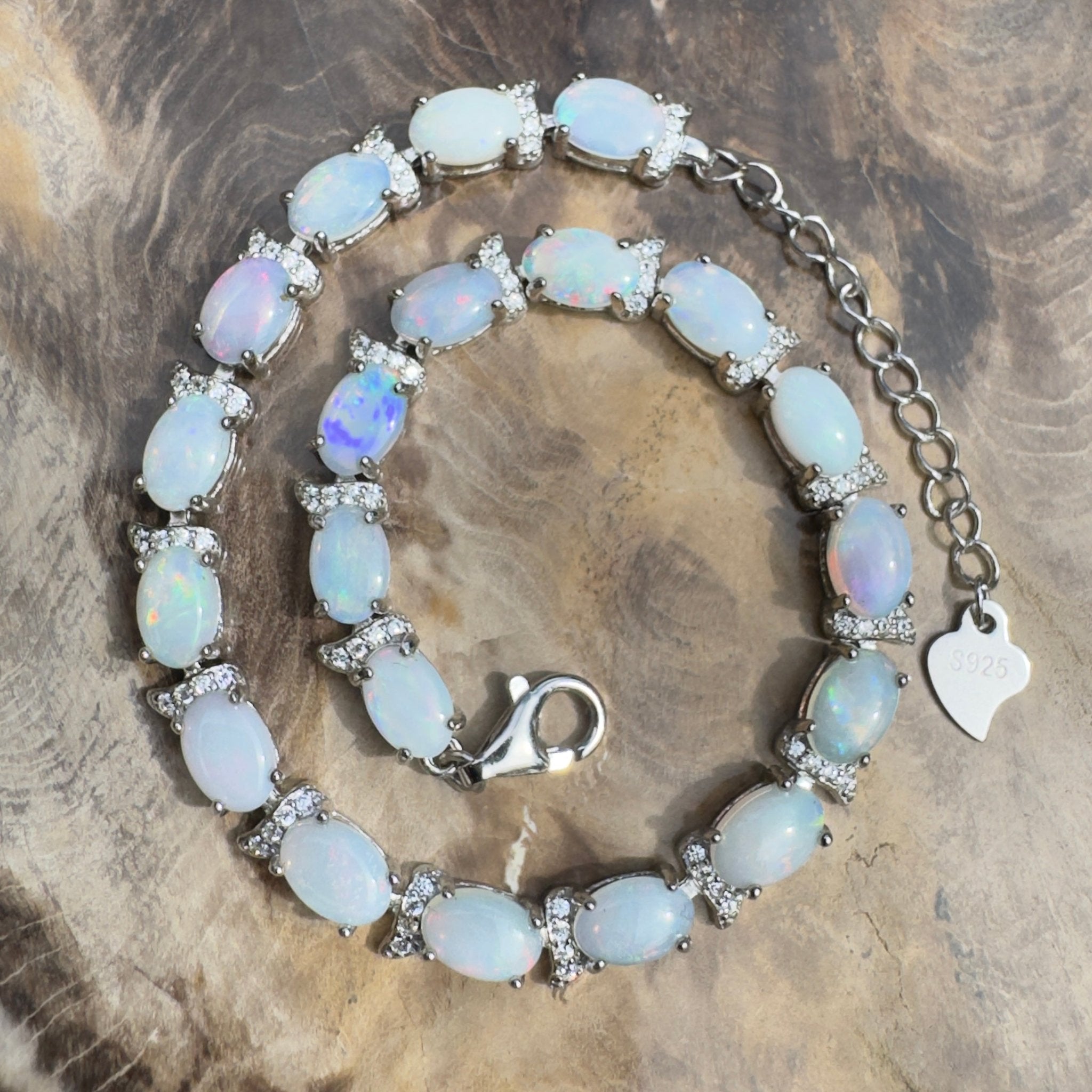 Karijini Azure ~ 6ct Coober Pedy Opal and Cubic Zirconia 925 Sterling Silver Bracelet