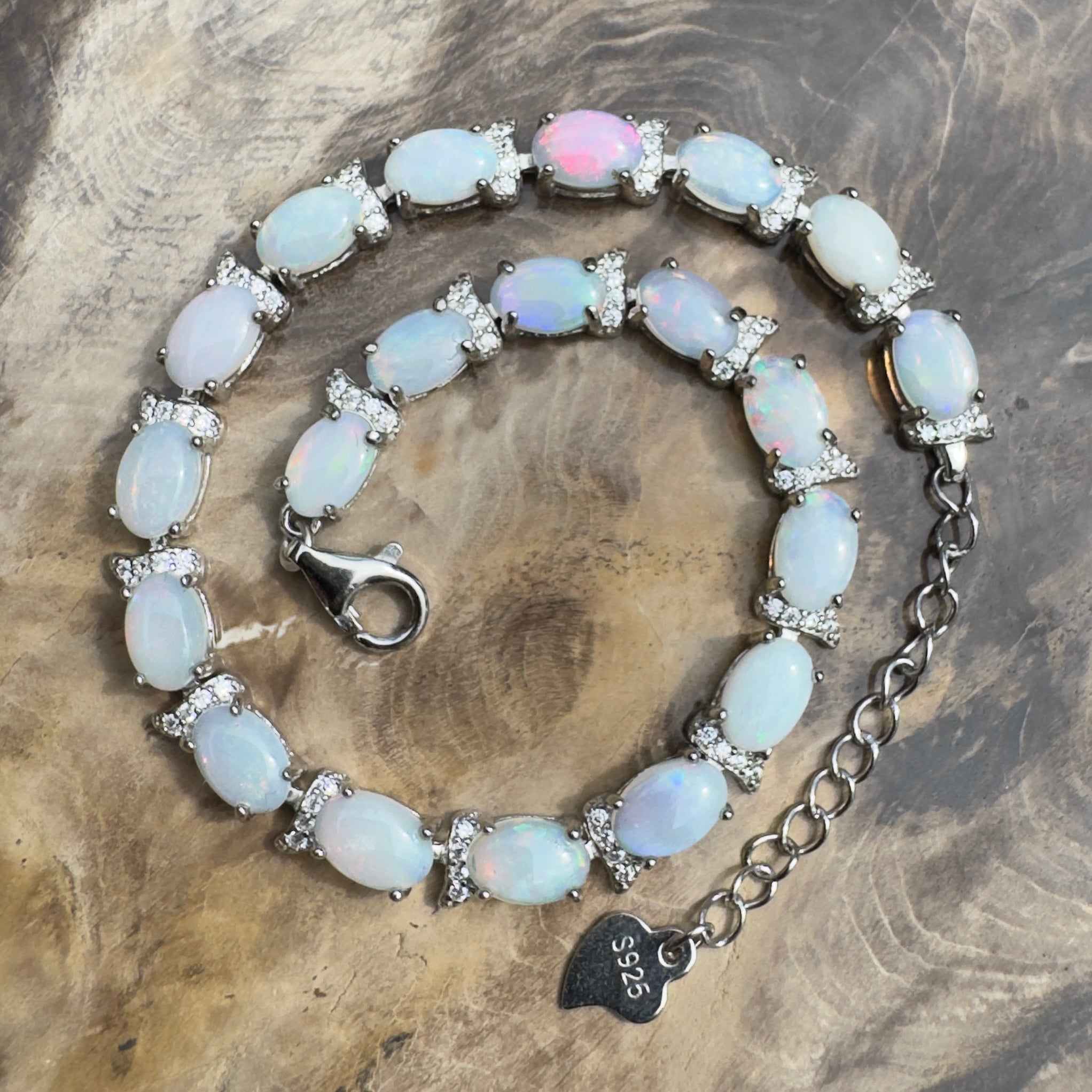 Karijini Azure ~ 6ct Coober Pedy Opal and Cubic Zirconia 925 Sterling Silver Bracelet