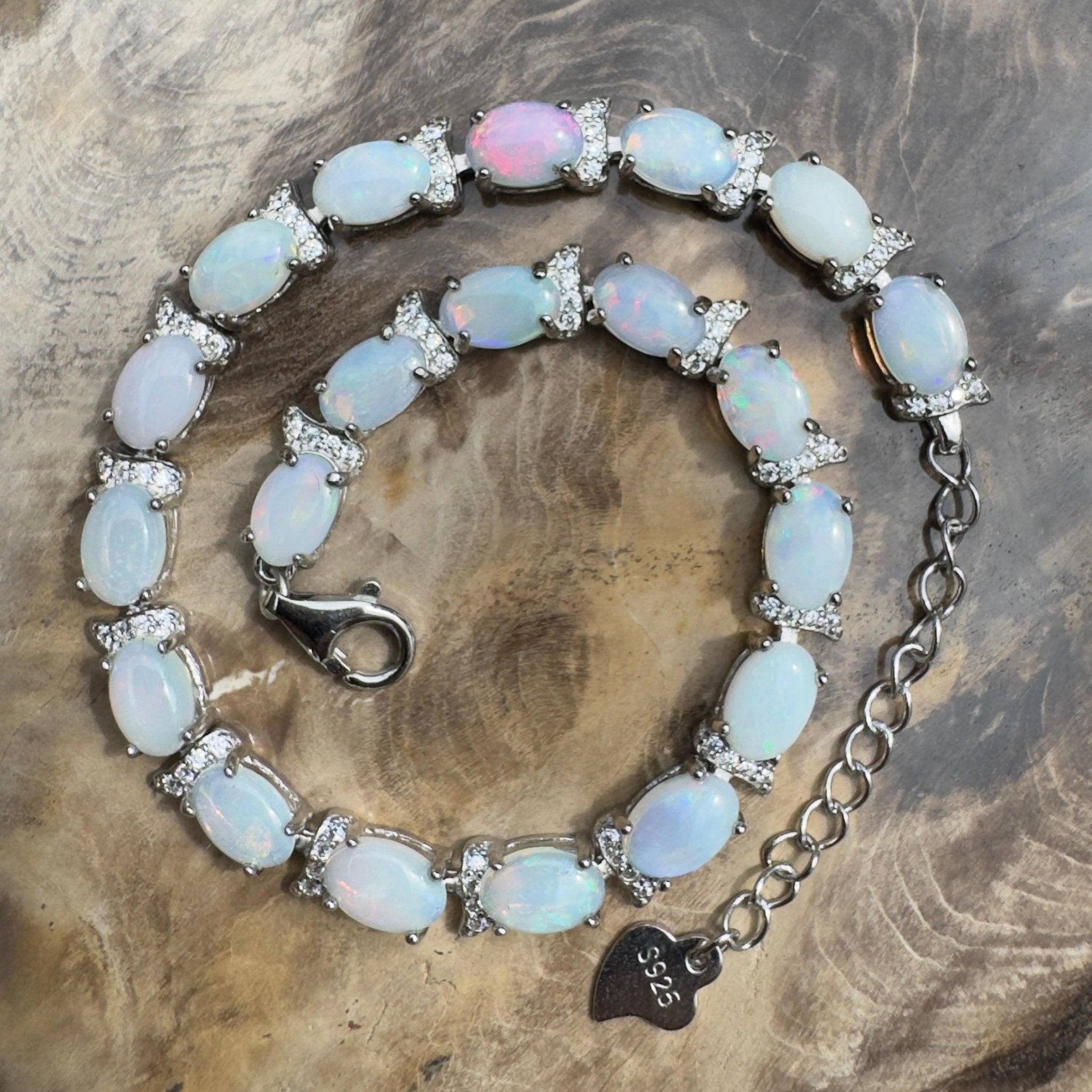 Karijini Azure ~ 6ct Coober Pedy Opal and Cubic Zirconia 925 Sterling Silver Bracelet