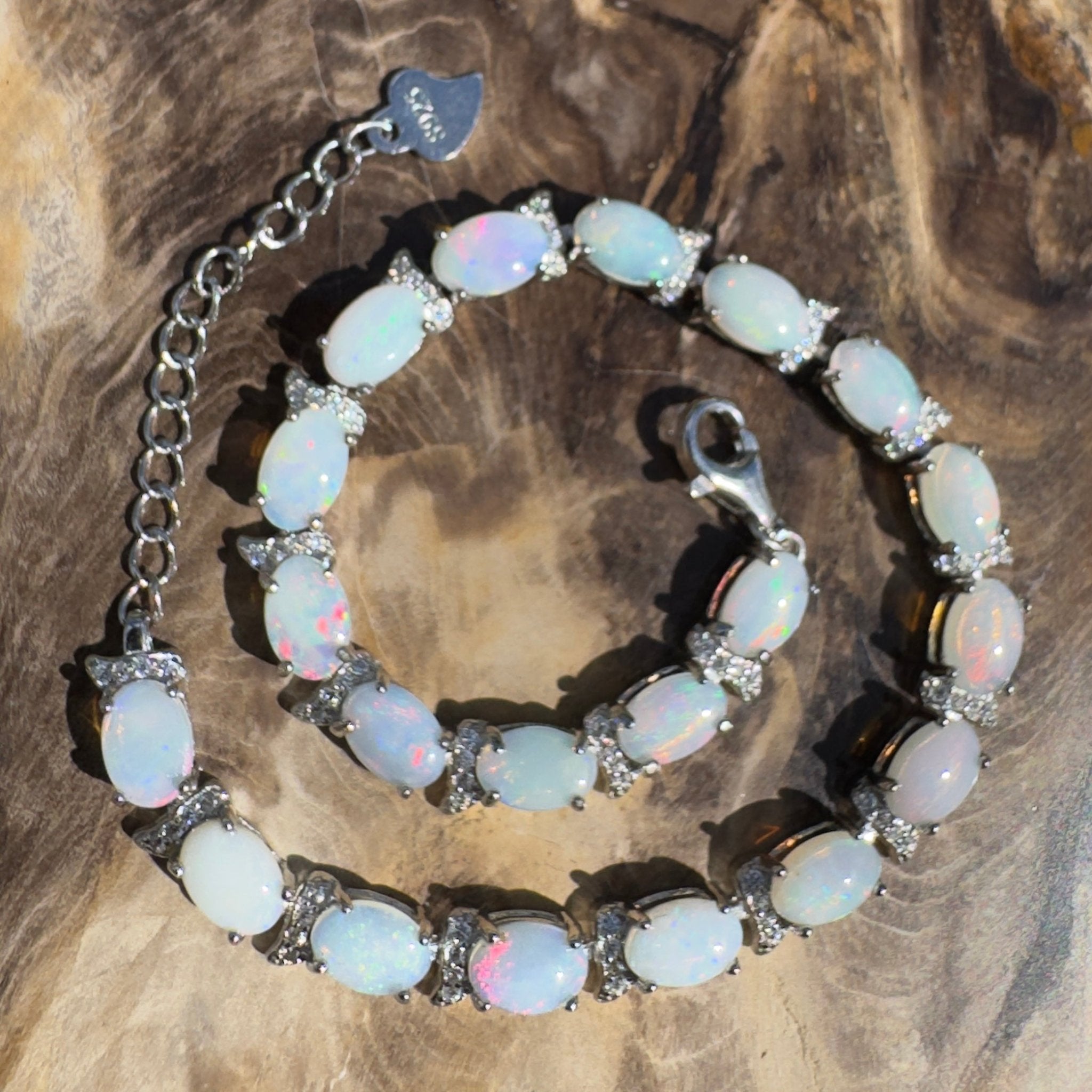 Karijini Azure ~ 6ct Coober Pedy Opal and Cubic Zirconia 925 Sterling Silver Bracelet