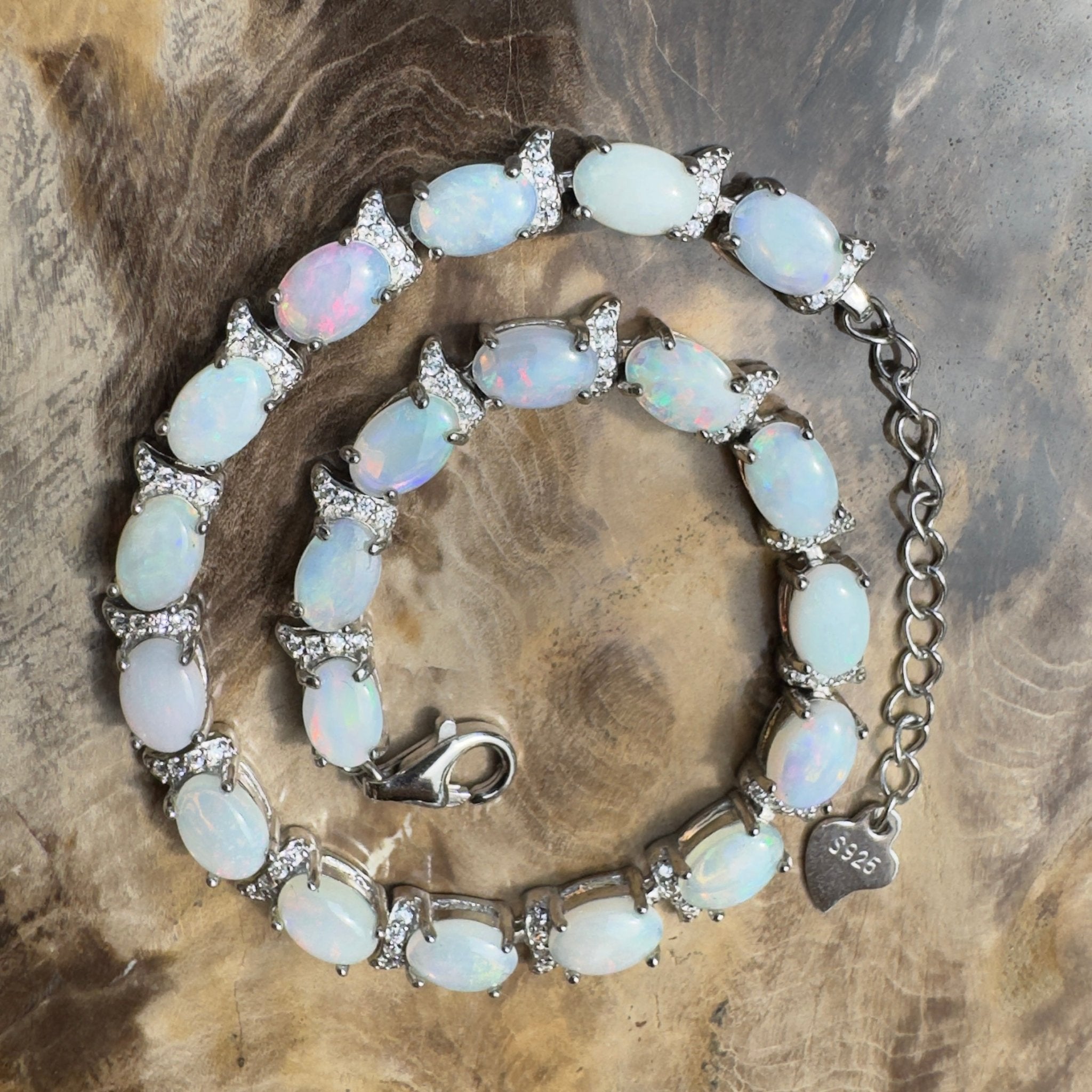 Karijini Azure ~ 6ct Coober Pedy Opal and Cubic Zirconia 925 Sterling Silver Bracelet
