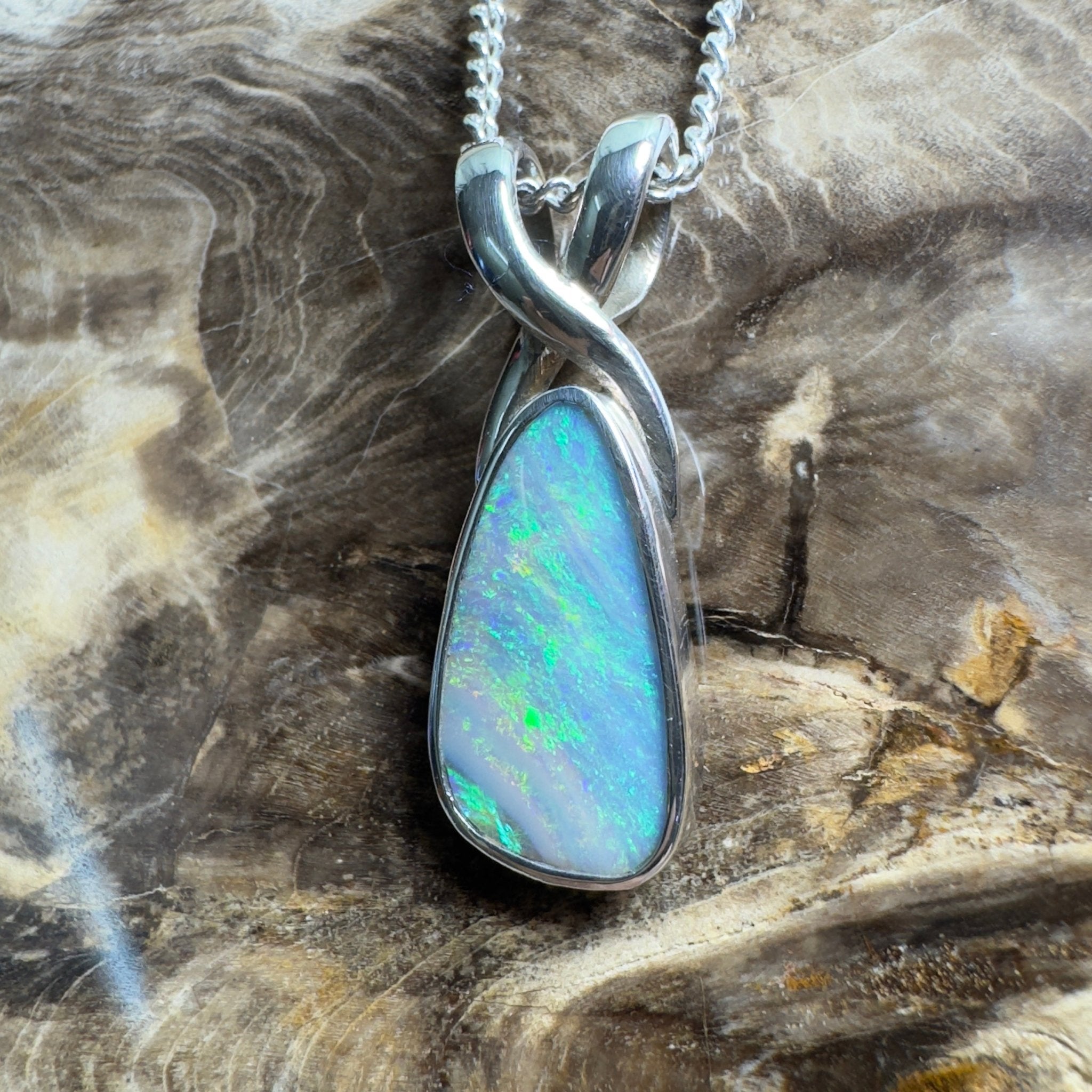Kati Thanda Blue ~ 3ct Coober Pedy Crystal Opal 925 Silver Pendant