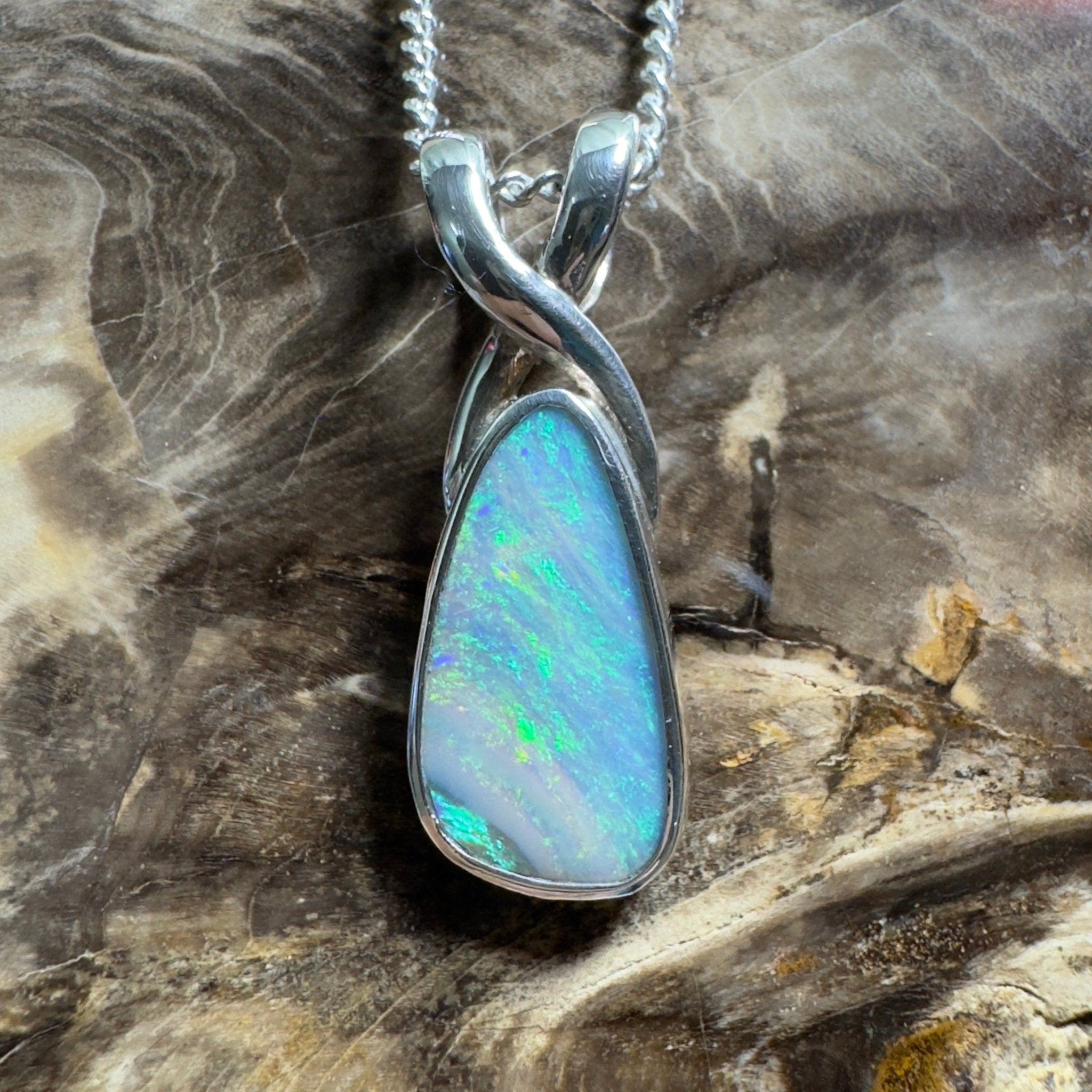 Kati Thanda Blue ~ 3ct Coober Pedy Crystal Opal 925 Silver Pendant
