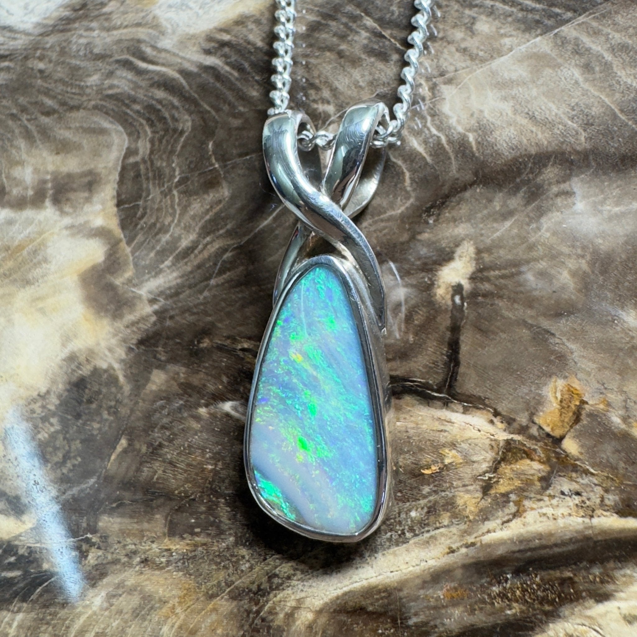 Kati Thanda Blue ~ 3ct Coober Pedy Crystal Opal 925 Silver Pendant
