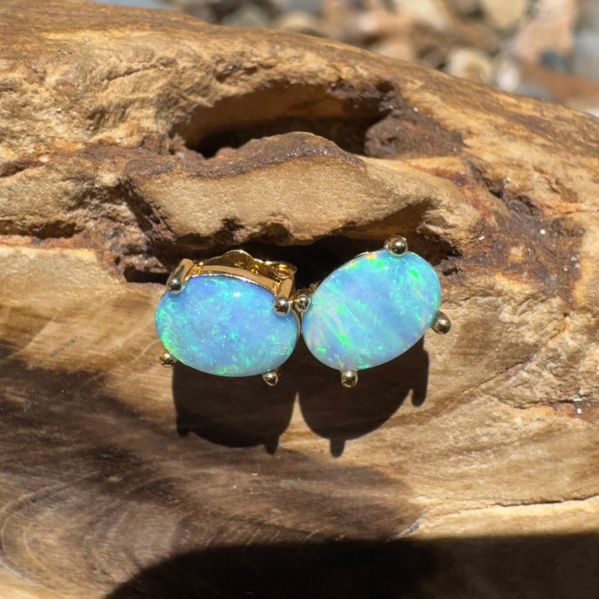 Kiama Tidepair ~ 1.6ct Lightning Ridge Opal 925 Silver Gold Coated Stud Earrings