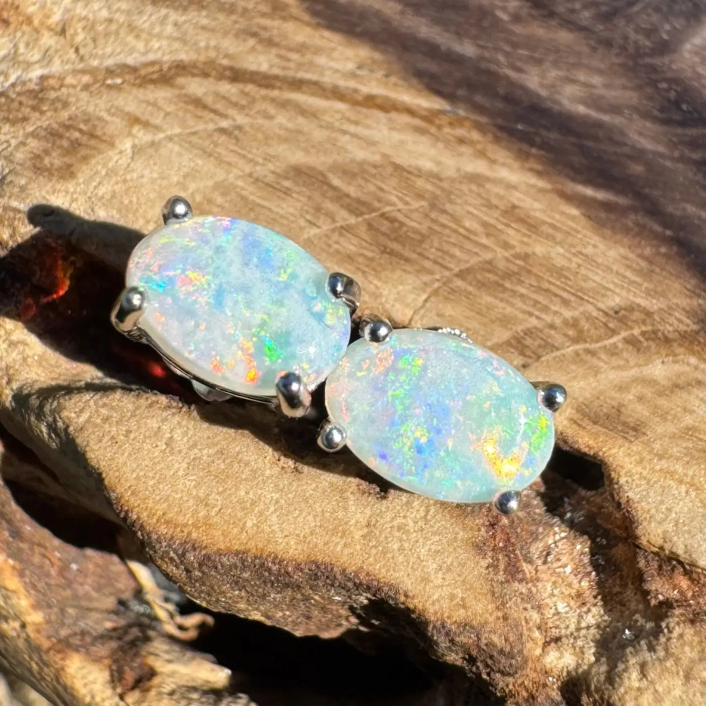 Oval opal stud earrings in Kimberley Blaze handcrafted 1ct Lightning Ridge opal jewelry