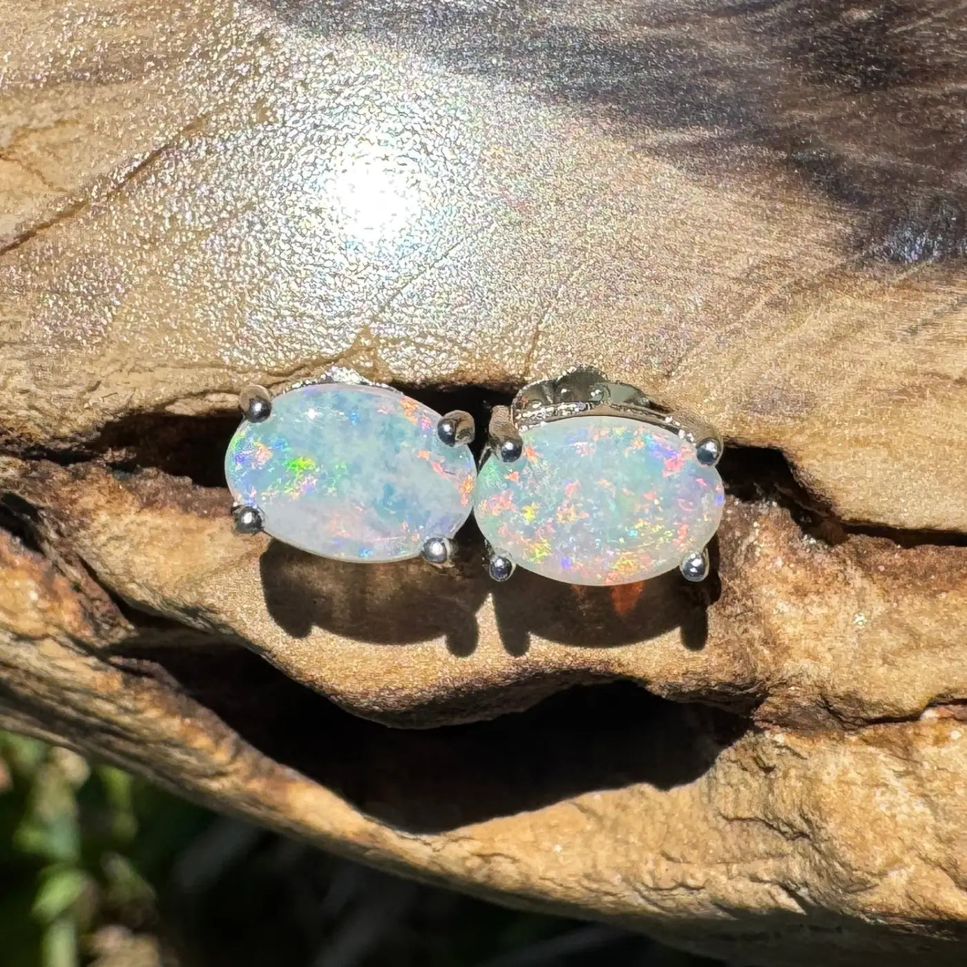 Handcrafted Kimberley Blaze Lightning Ridge Opal stud earrings showcasing 1 carat solid opal gemstones