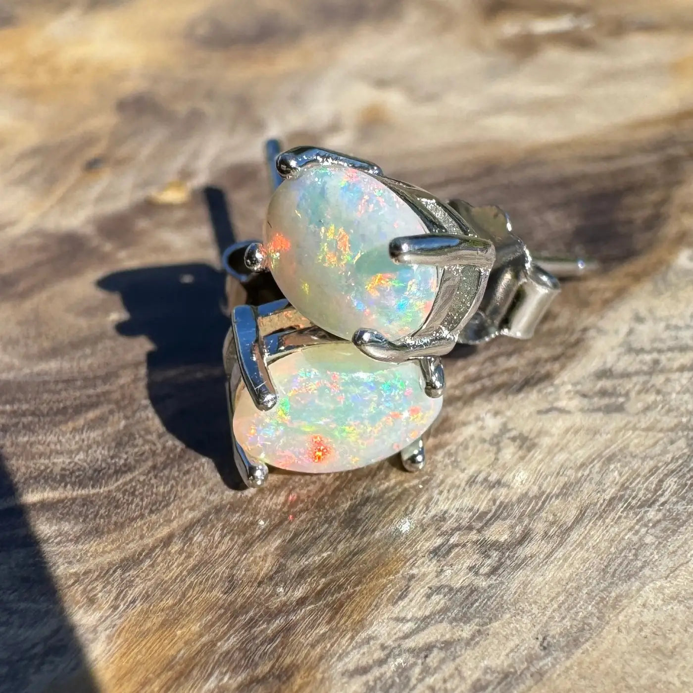 Opal stud earrings with silver settings from Kimberley Blaze handcrafted Lightning Ridge Opal collection