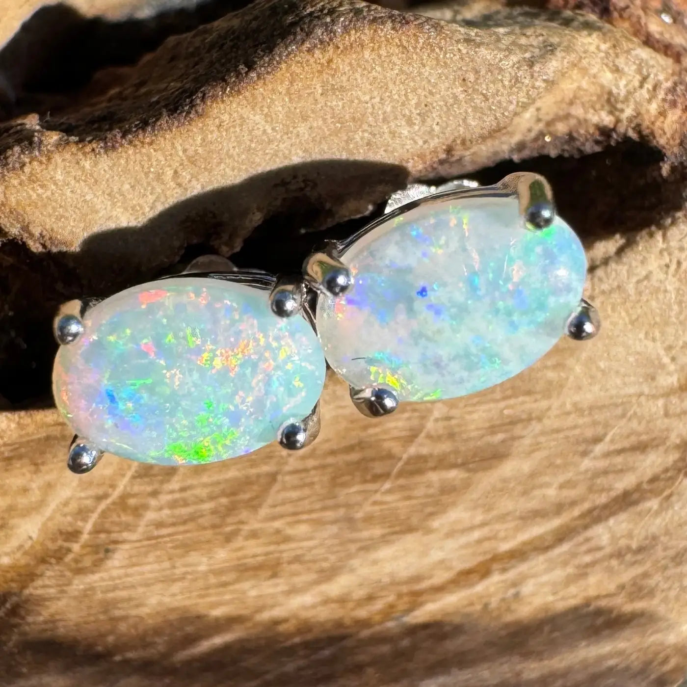 Oval opal stud earrings from Kimberley Blaze featuring handcrafted 1ct Lightning Ridge Opal