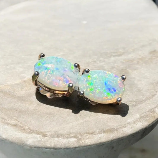 Handcrafted Kimberley Blaze Lightning Ridge Opal gemstone earrings displaying vibrant colors